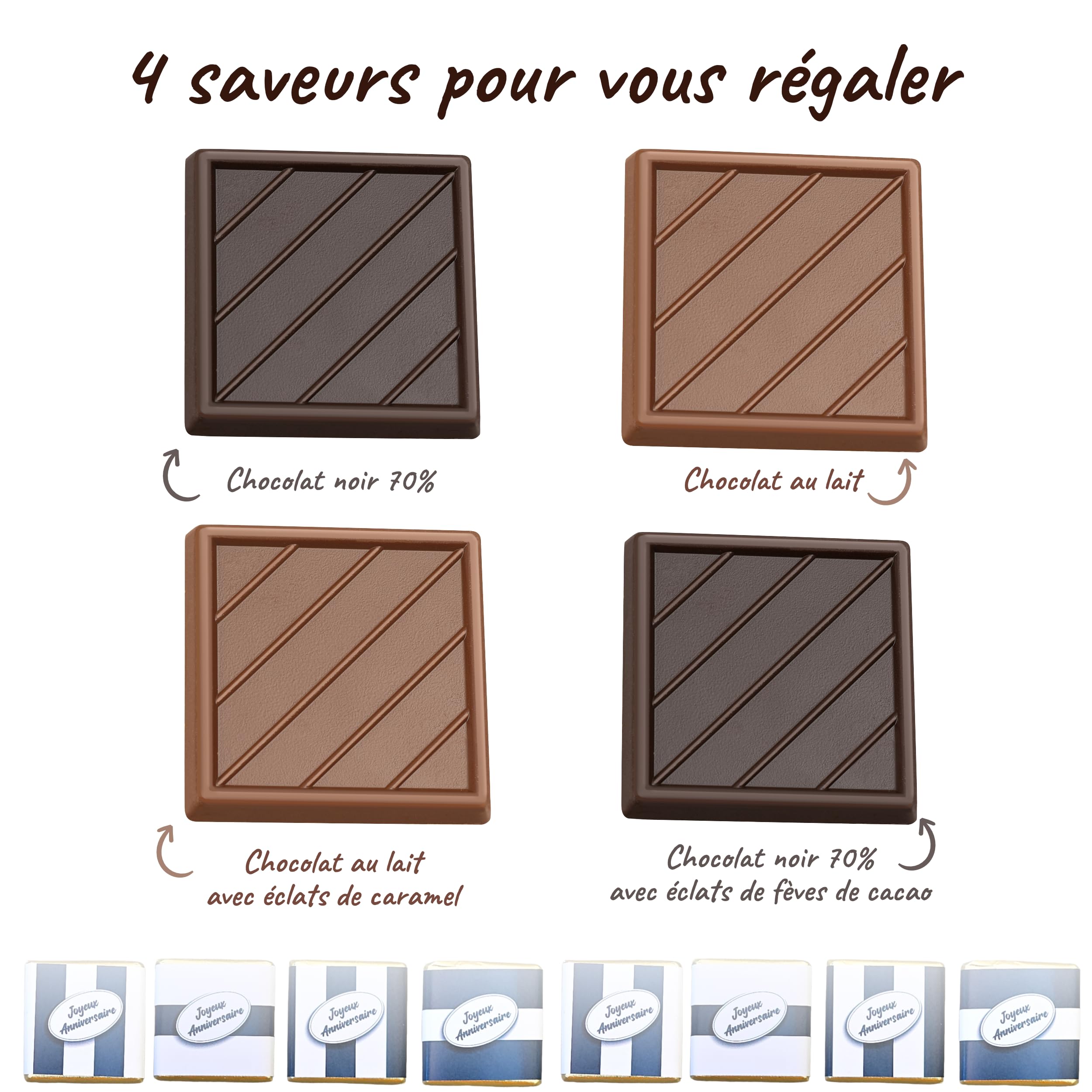 Boîte de Chocolat a Offrir pour Anniversaire - Coffret de 40 Carrés de Chocolat Individuelss au Lait et Noir - 100% Pur Beurre de Cacao - Fabriqué en France - Couleur Bleu - 200 Gr