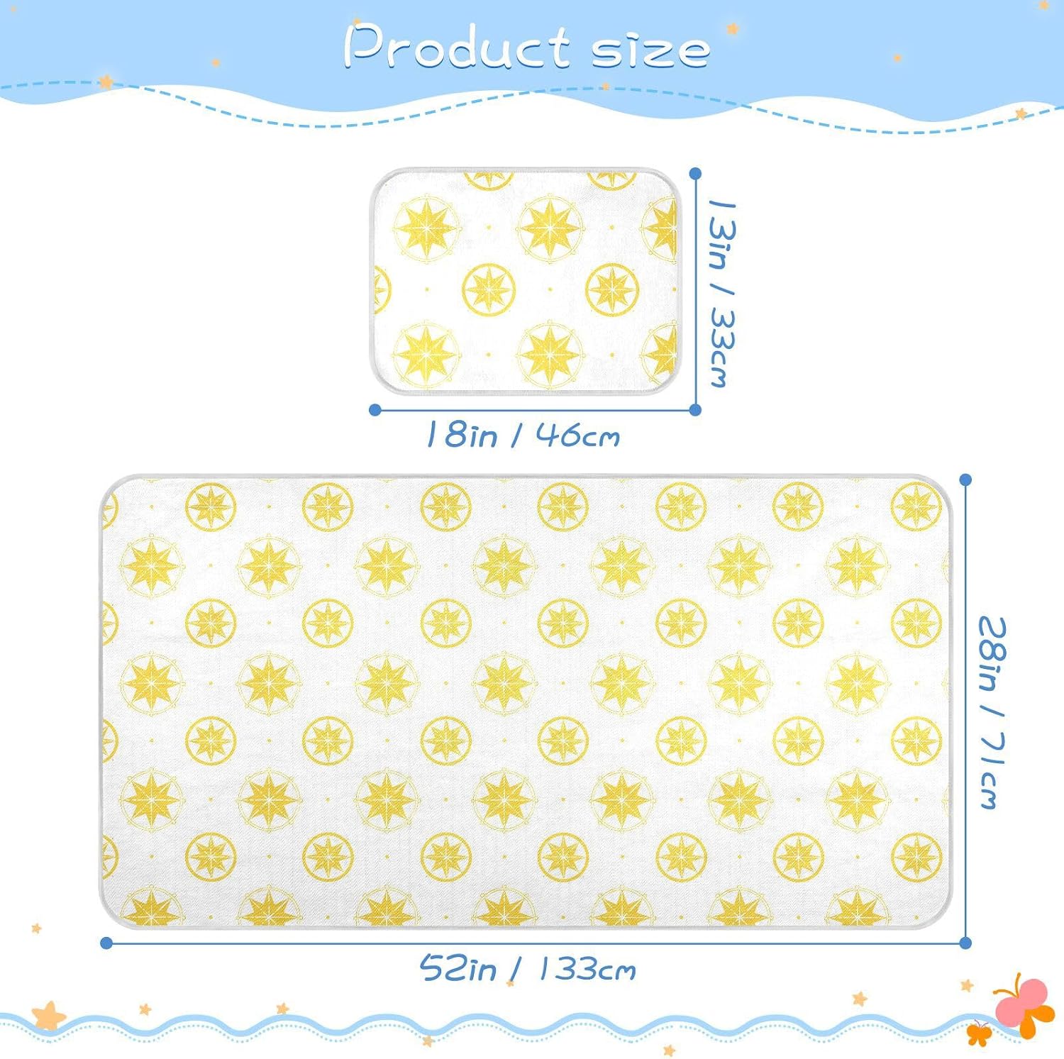 Cooling Baby Mattress Pee Training 28" x 52" Reusable Bright Yellow Star White Crib Padding for Sides for Baby&Toddler