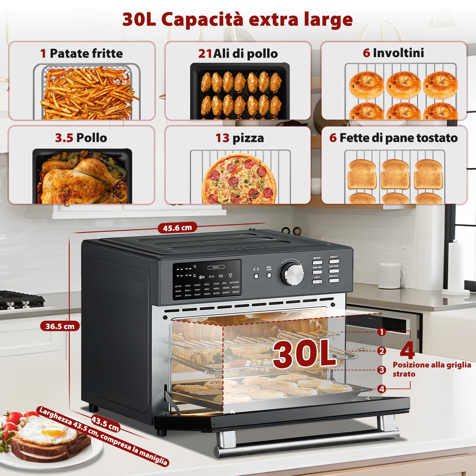 OIMIS Friggitrice ad Aria Calda 30L, Grigio Forno Multifunzione ad Aria,Timer e Temperatura Regolabili Forno con Ricette e 6 Accessori,Completi Cottura Senza olio Certificazione CE,NO Cesto Rotante