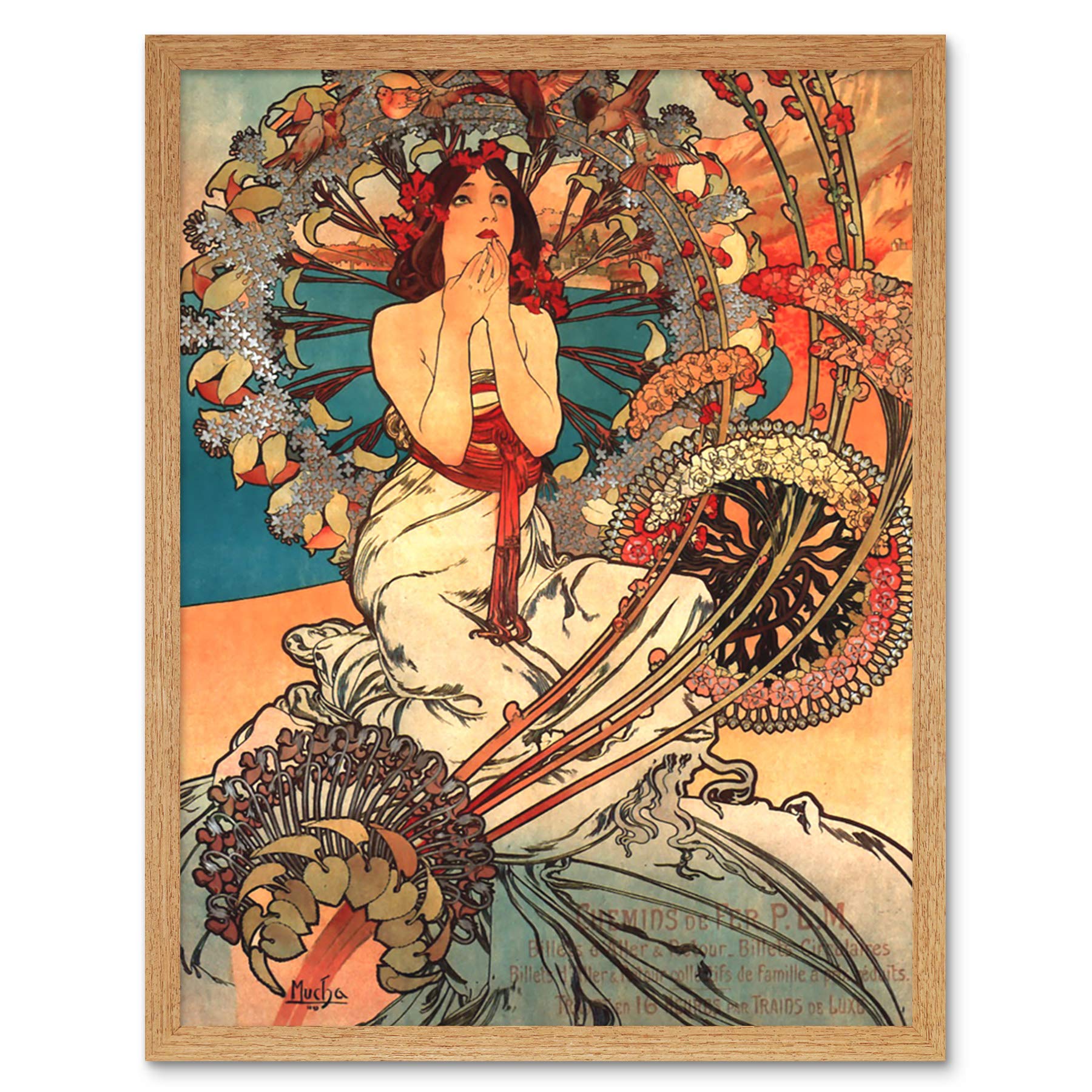 Wee Blue Coo Mucha Art Nouveau Woman Floral Art Print Framed Poster Wall Decor 12x16 inch