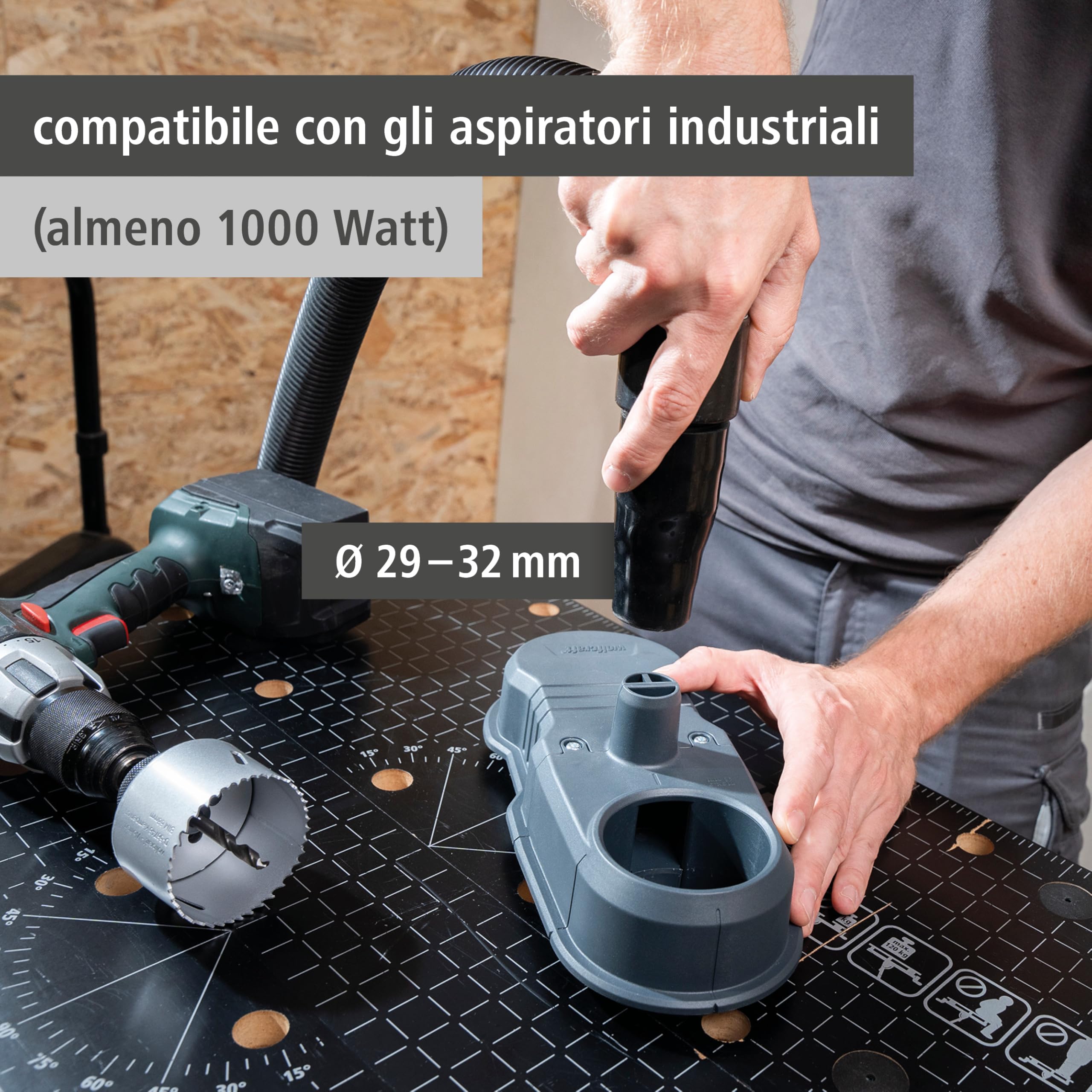 wolfcraft Sistema di aspirazione HSD 68/100-5954000 - Sistema di aspirazione universale - ideale per l'impiego con seghe a tazza e punte - lavorare senza polveri