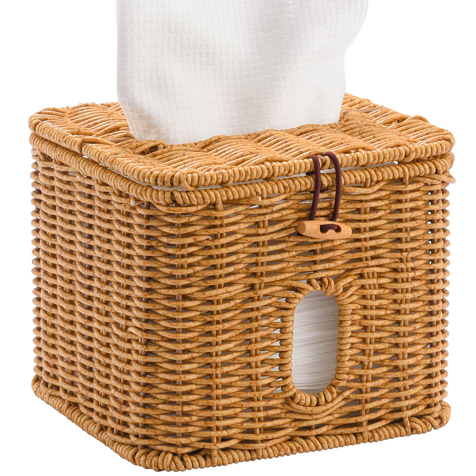 Photo 1 of Hordely Facial Clean Skin Club Face Towels Holder for Bathroom, Plastic Rattan Disposable Face Towel Holder, Farmhouse Style for 50 XL Face Towels Box Basket with Lid, Light Brown