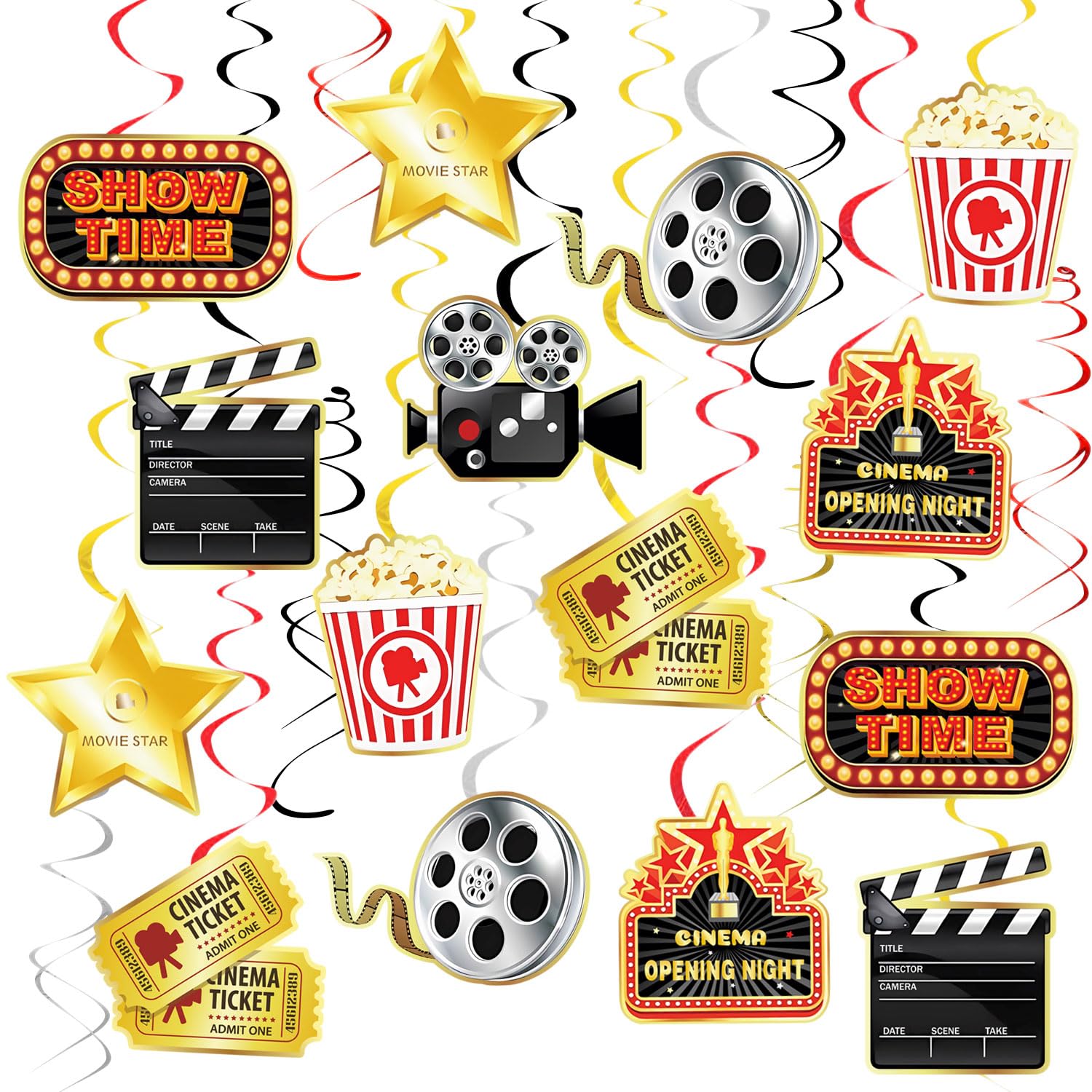 30Pcs Movie Night Birthday Hanging Swirls Decorations, Movie Theme Celling Streamers Hollywood Movie Theater Party Decorations Red Gold and Black Foil