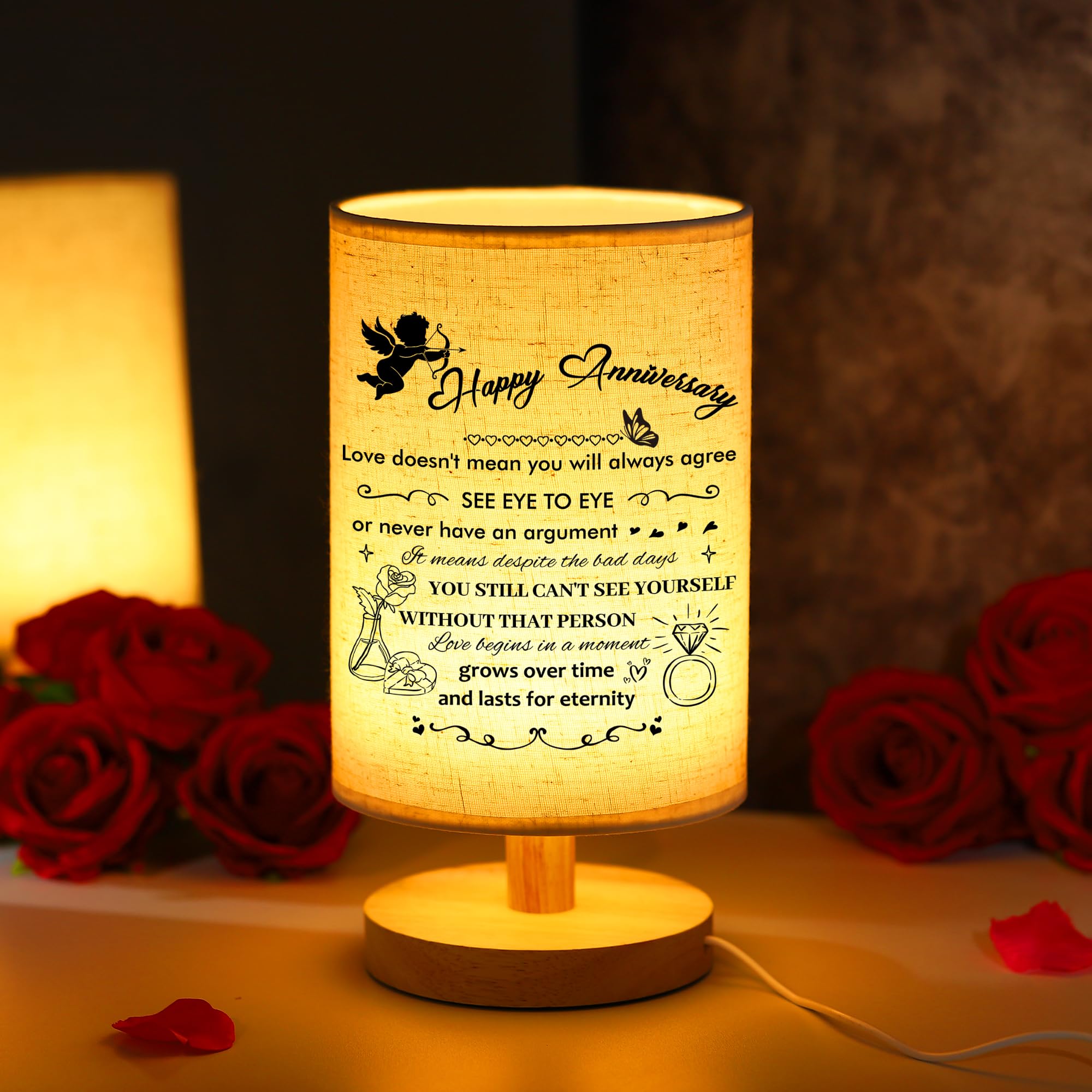 TURMTF Anniversary Lamp - Love Poem Night Light, USB Powered Wood Base Table Lamp, Gift for Her/Him on Wedding Anniversary, Valentine's Day, Bedroom Decor with Linen Shade