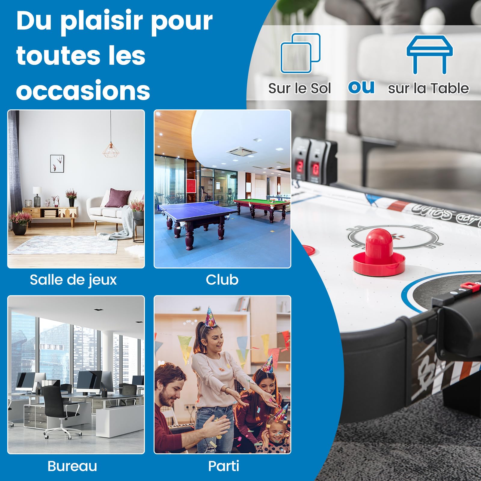 DREAMADE Table de Air Hockey 42 Pouces, Table de Jeu avec Air & Compteur de Points Électronique LED & 2 Palets & 2 Poussoirs & 2 Tapis de Feutre, pour Enfants & Adultes, Noir + Blanc