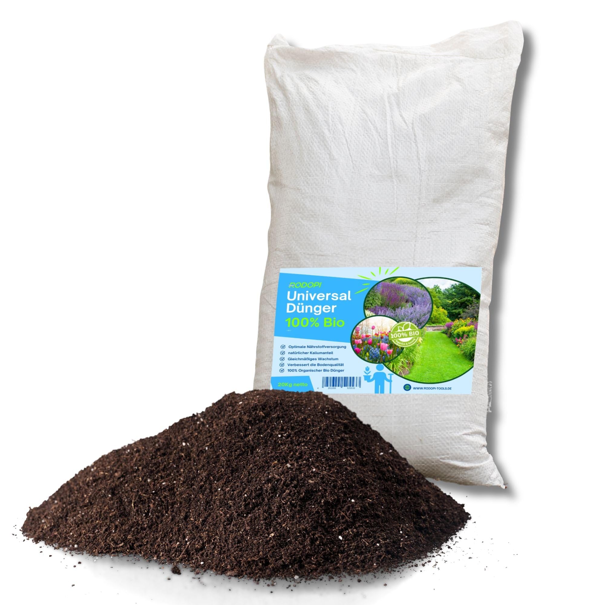 Rodopi Bio-Universaldünger Granulat – 3 Monate Langzeitwirkung – 100% pflanzlich & tierfrei – Organischer NPK-Dünger 7-3-8 mit Eisen – Für Gemüse, Zierpflanzen & Garten 20kg