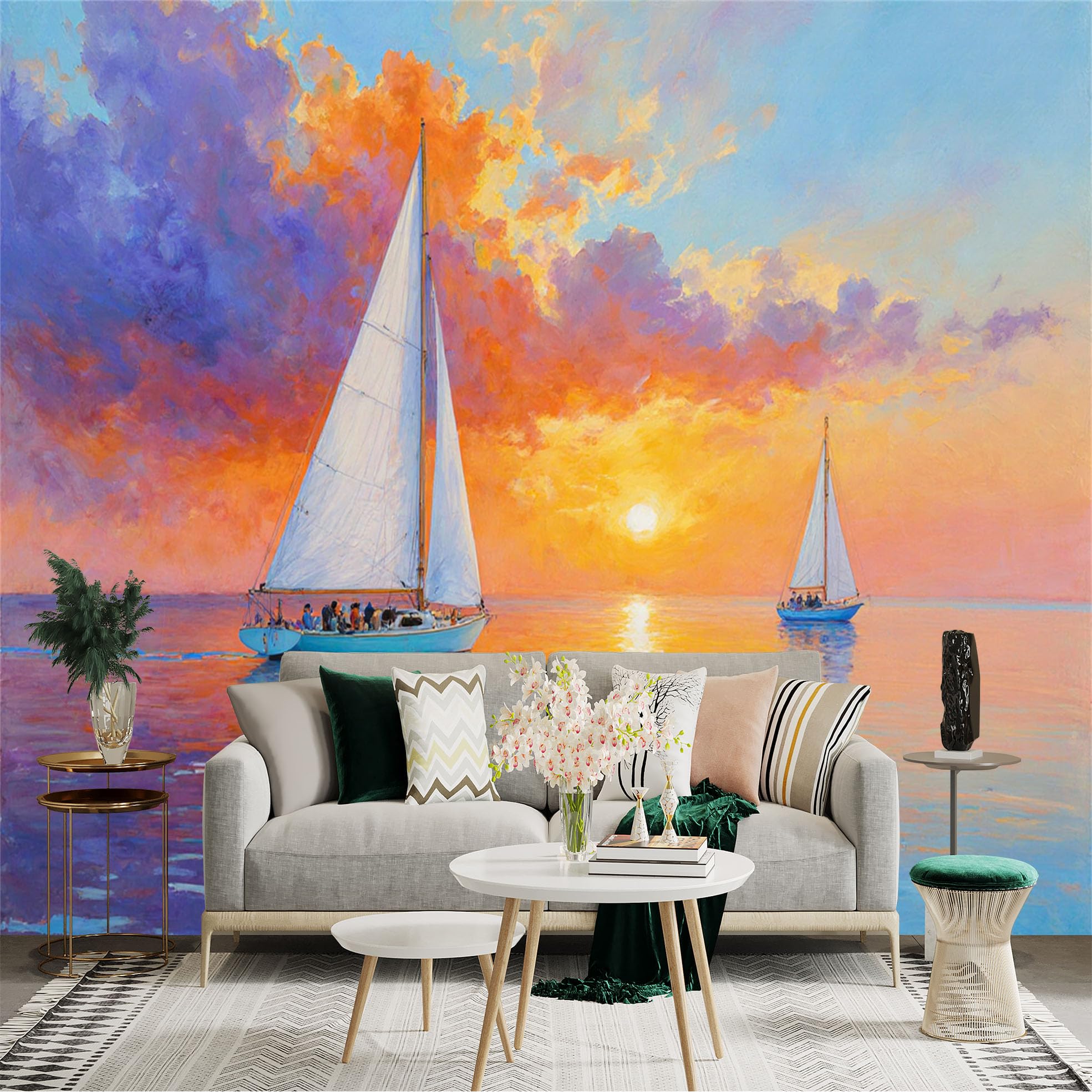 Custom Size Wall Sticker Mural， Sailboats on Ocean at Sunset， Vibrant Oil Painting Style， Peaceful Marine Scenery， for wall Decoration， peelandstick wall Decals.