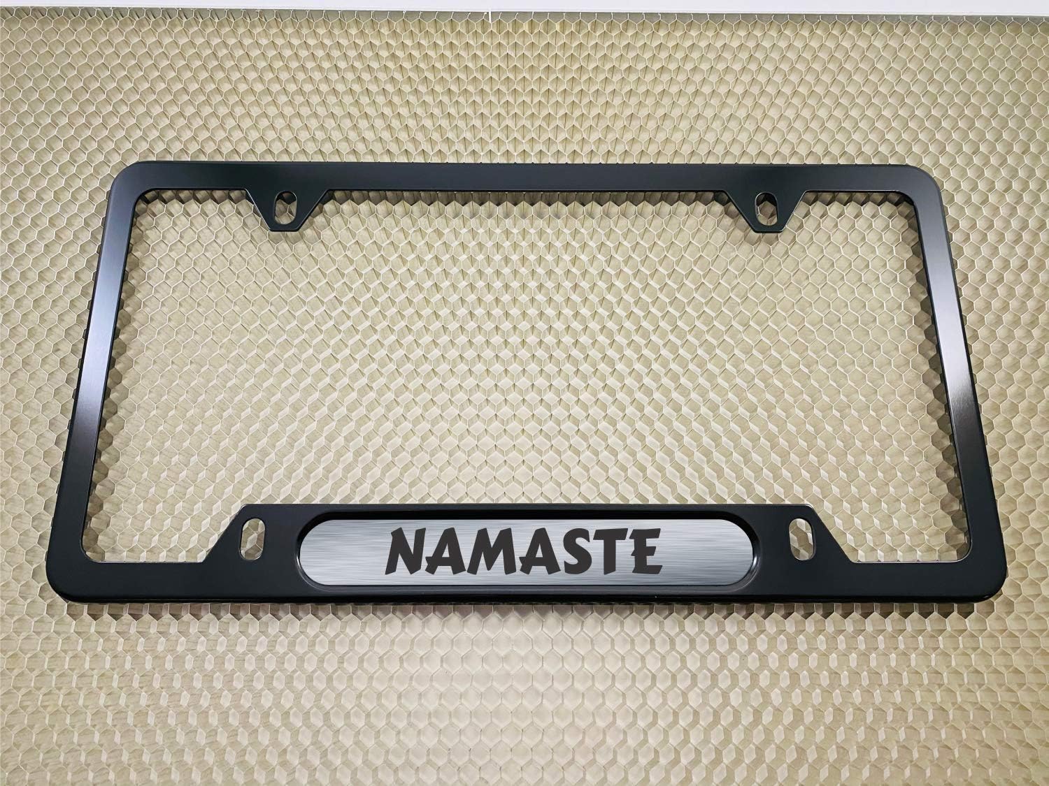 Personalized with Custom Text Design Laser Engraved Standard Size - CAR Thin Top | Narrow Top Black Anodized Aluminum License Plate Frame & Free caps -Steel/Black (Qty: 1 Frame)