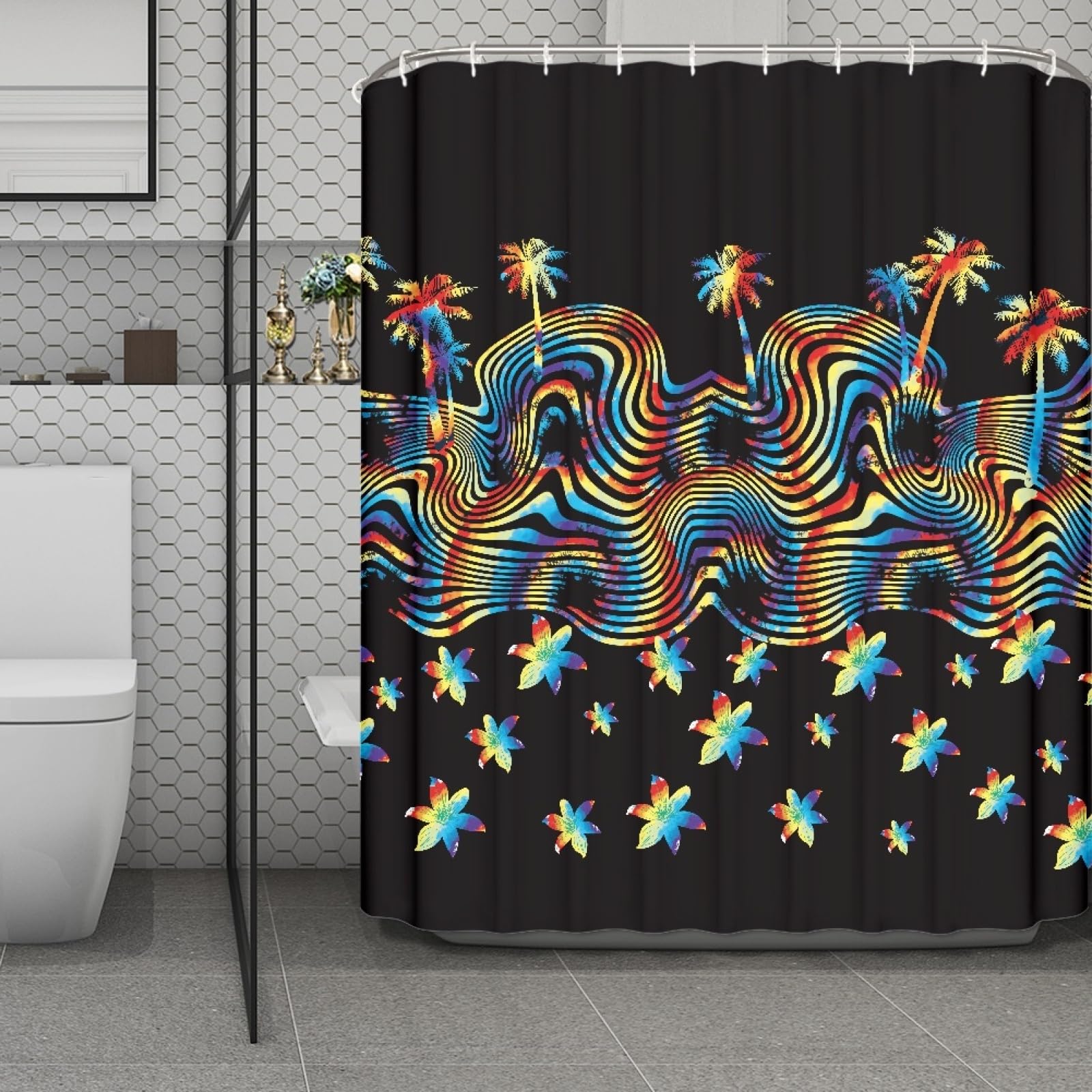 Rideau de douche 180x200 pour une salle de bain moderne motif arbre bleu
