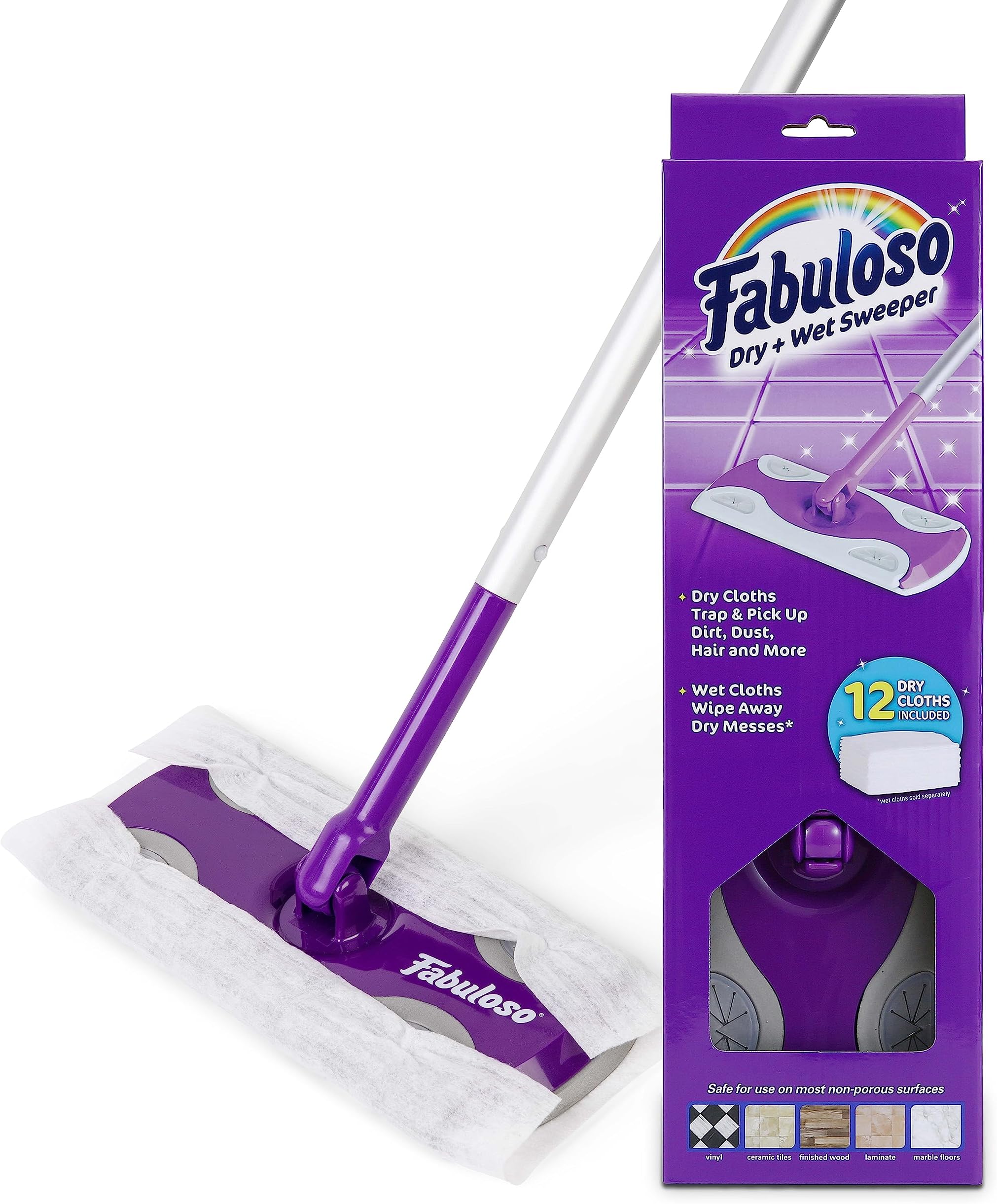 Fabuloso Dry and Wet Sweeper, 2-in-1 Floor Dust Mop for Dry Sweeping and Light Wet Mopping, Lightweight Aluminum Handle, Swivel Low-Profile Head, Bonus 12 Dry Pads Included