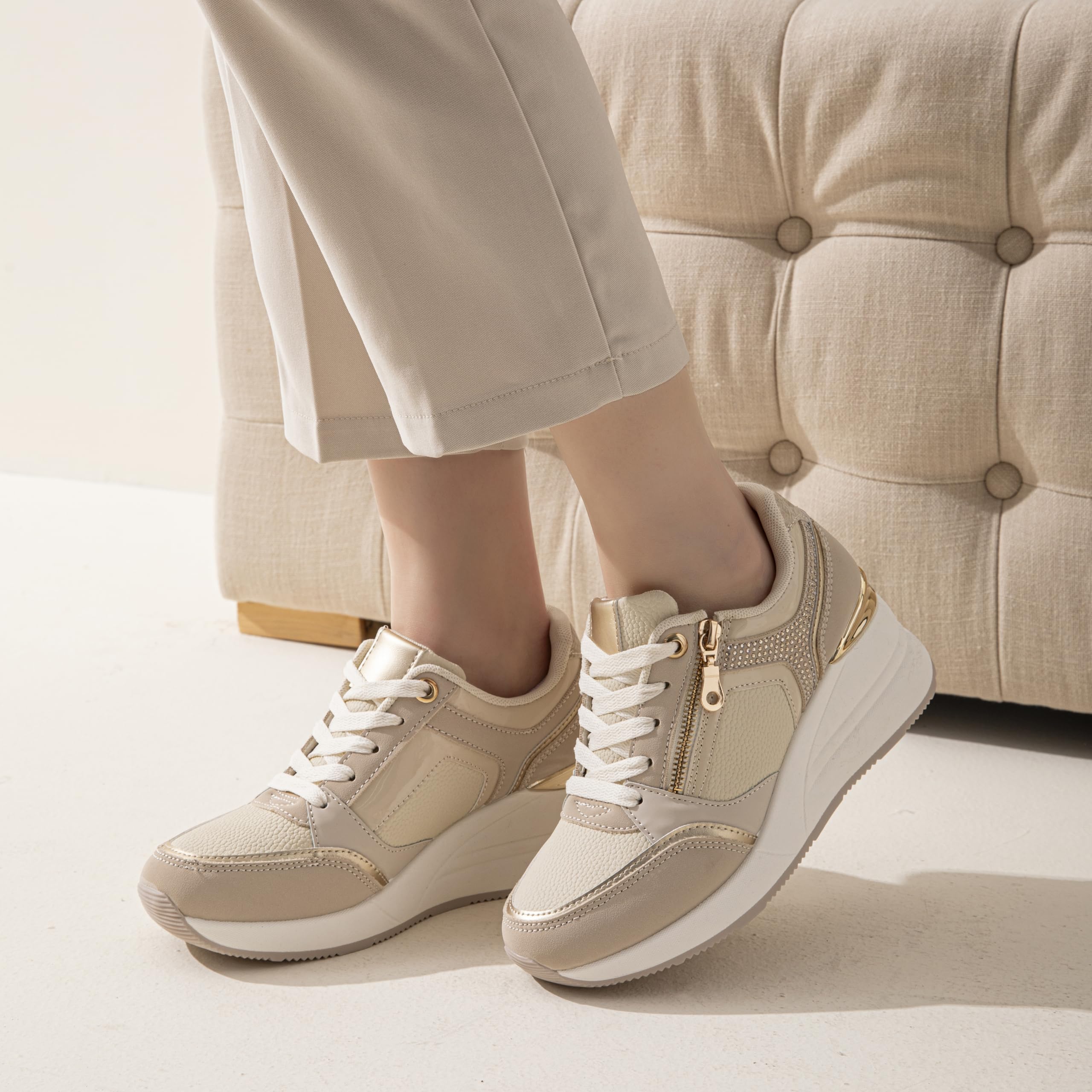 JOMIX Scarpe da Ginnastica Donna con Zeppa Sneakers Eleganti con Cerniera Laterale e Suola Spessa Comode per Camminata Quotidiana