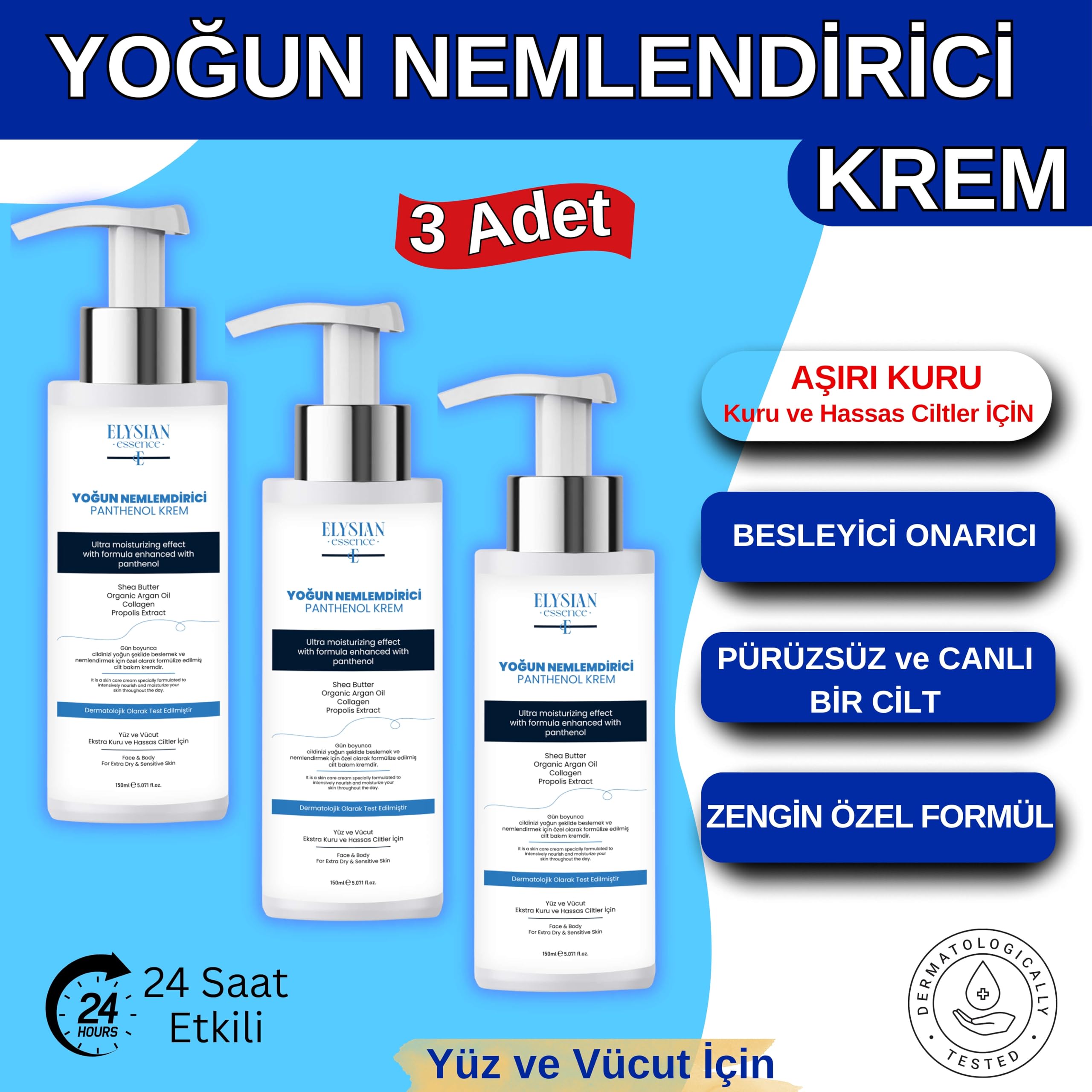 Elysian Essence Yoğun Nemlendirici Panthenol Yüz ve Vücut Kremi 3'lü Set | Kuru ve Hassas Ciltlere 24 Saat Bakım - Organik Argan Yağı, Shea Butter Yağı, Propolis ve Collagen İçerikli