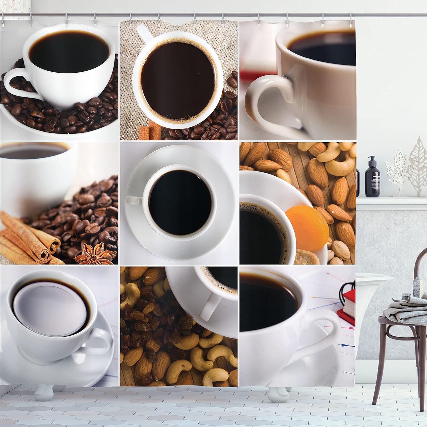 Ambesonne Coffee Shower Curtain, Coffee Mugs Collage with Almonds Cashews Beans Cinnamon Modern Composition, Cloth Fabric Bathroom Decor Set with Hooks, 69" W x 70" L, White Black Brown