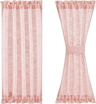 FMFUNCTEX French Door Curtains Semi Sheer Pink 40 Inches Long Short Linen Textured Look Half Single Door Window Panels for Front Glass Door 1 Panel 50 Inches Wide