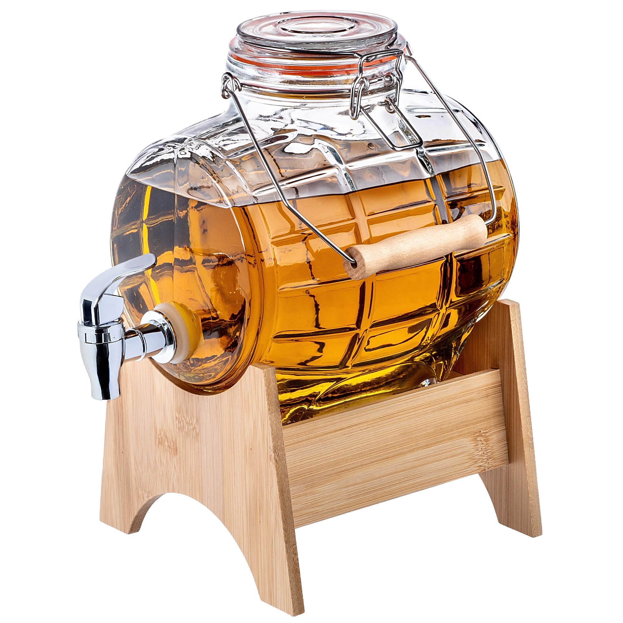 KADAX Fass 3L mit Hahn, fassförmiger Getränkespender aus Glas mit Zapfhahn, transparenter Spender mit Holzuntersatz, Alkoholspender ideal für Whisky, Brandy, Säfte (Modell 1)