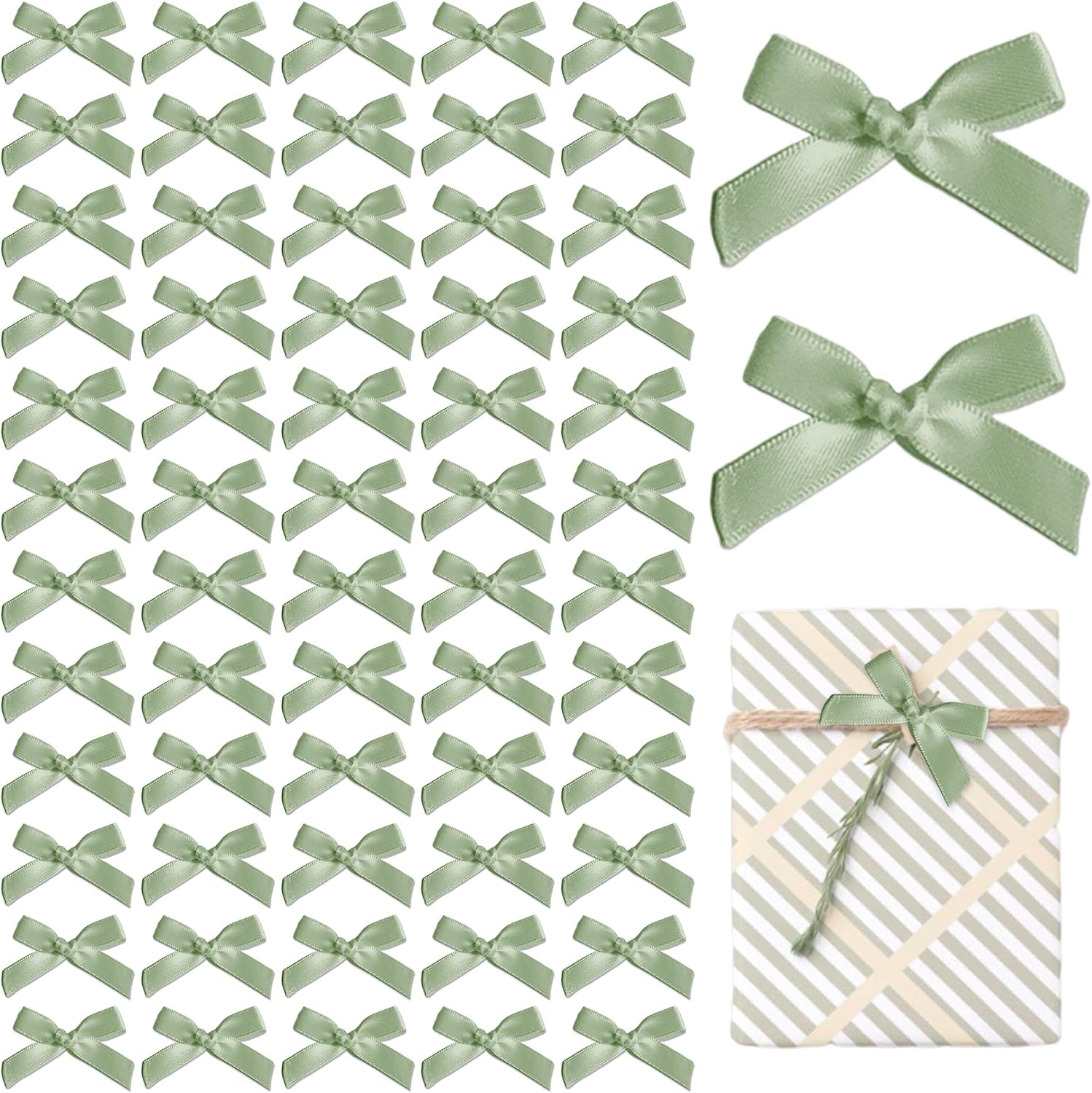 60PCS Sage Green Mini Ribbon Bows 2''*1.5'' Small Satin Bow for Crafts