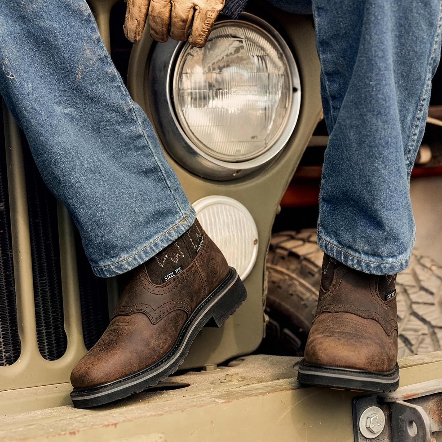 Men's Steel Toe Work Boots Waterproof Square Toe Cowboy Boots Comfortable Western Safety Boot with Full-Grain Leather Oil Slip Resistant for Construction Farming