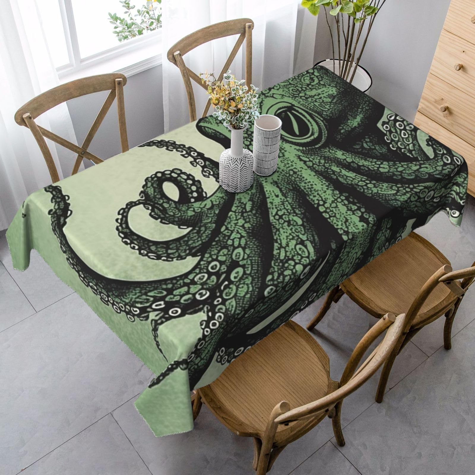 FodPand 35x55 Inch Tablecloth Stain and Wrinkle Resistant Table Cover Rectangular Washable Kitchen Table Cloth for Dinning Room Picnic Patio Party Decor, Green Octopus