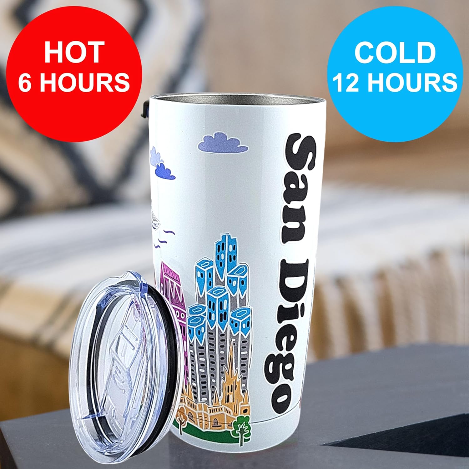 City Themed Artwork Tumbler Collection - Designed in the USA - 20oz Vacuum Insulated Tumbler with Lids - Stainless Steel Coffee Travel Mug with, Cup for Hot Cold Drinks (San Diego) - Image 6