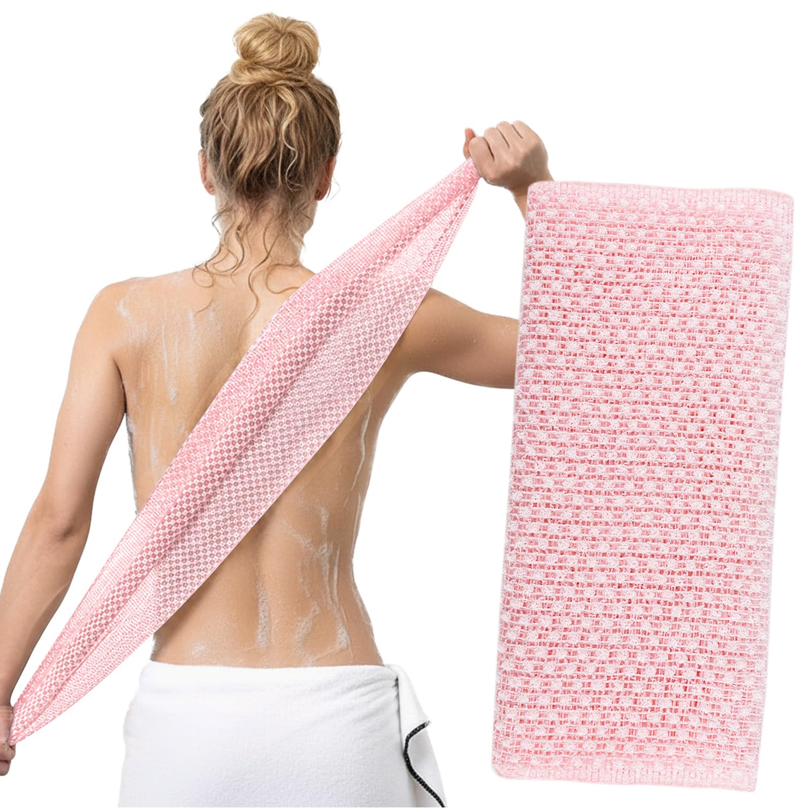 1Pcs Japanese Exfoliating Towel, Silver lon Exfoliating Shower Towel, Back Extra Long Exfoliating Washcloth for Men Women, Body Scrub Loofah for Cleaning and Massage (Pink)