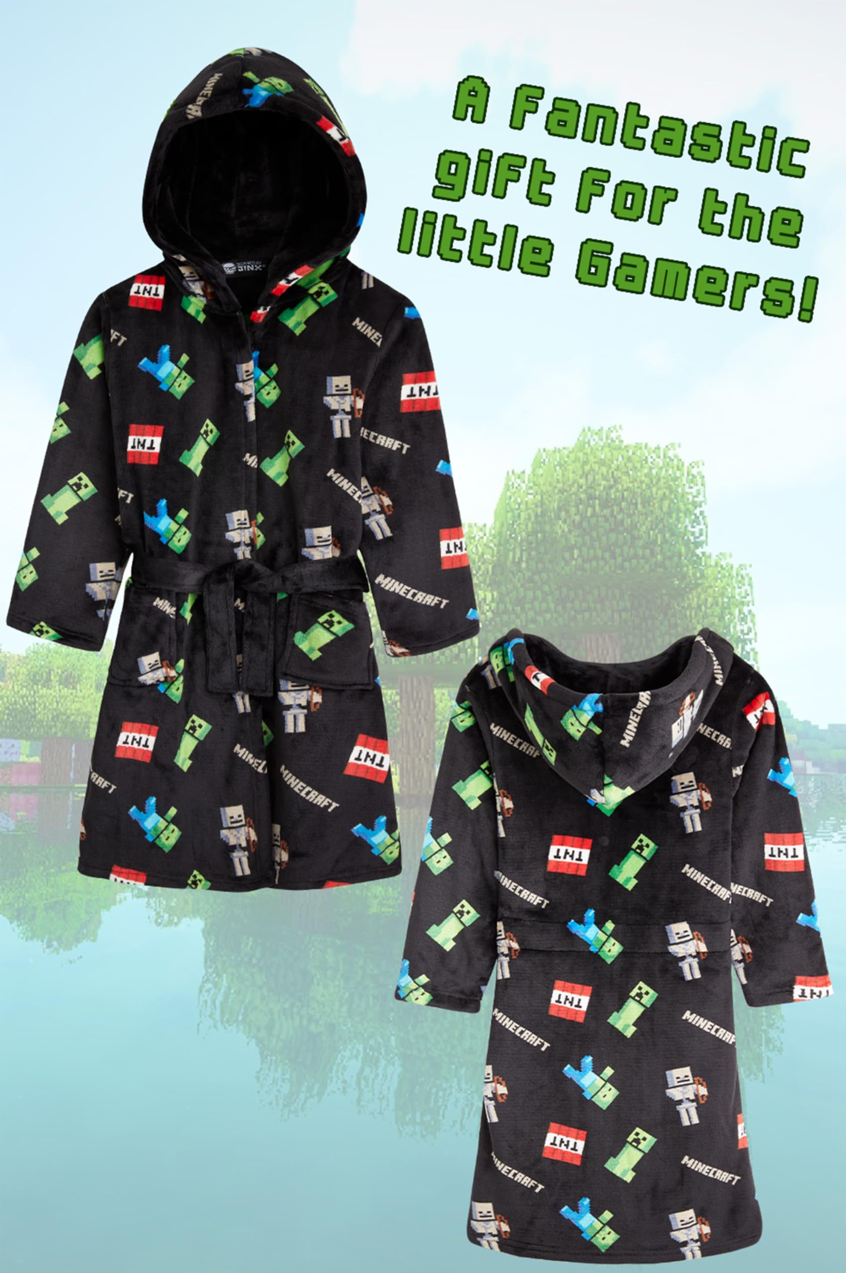 Minecraft Albornoz Niños Creeper Bata Adolescente en Felpa Suave con Capucha Cinturón y Bolsillos Ropa de Dormir Regalos para Niños