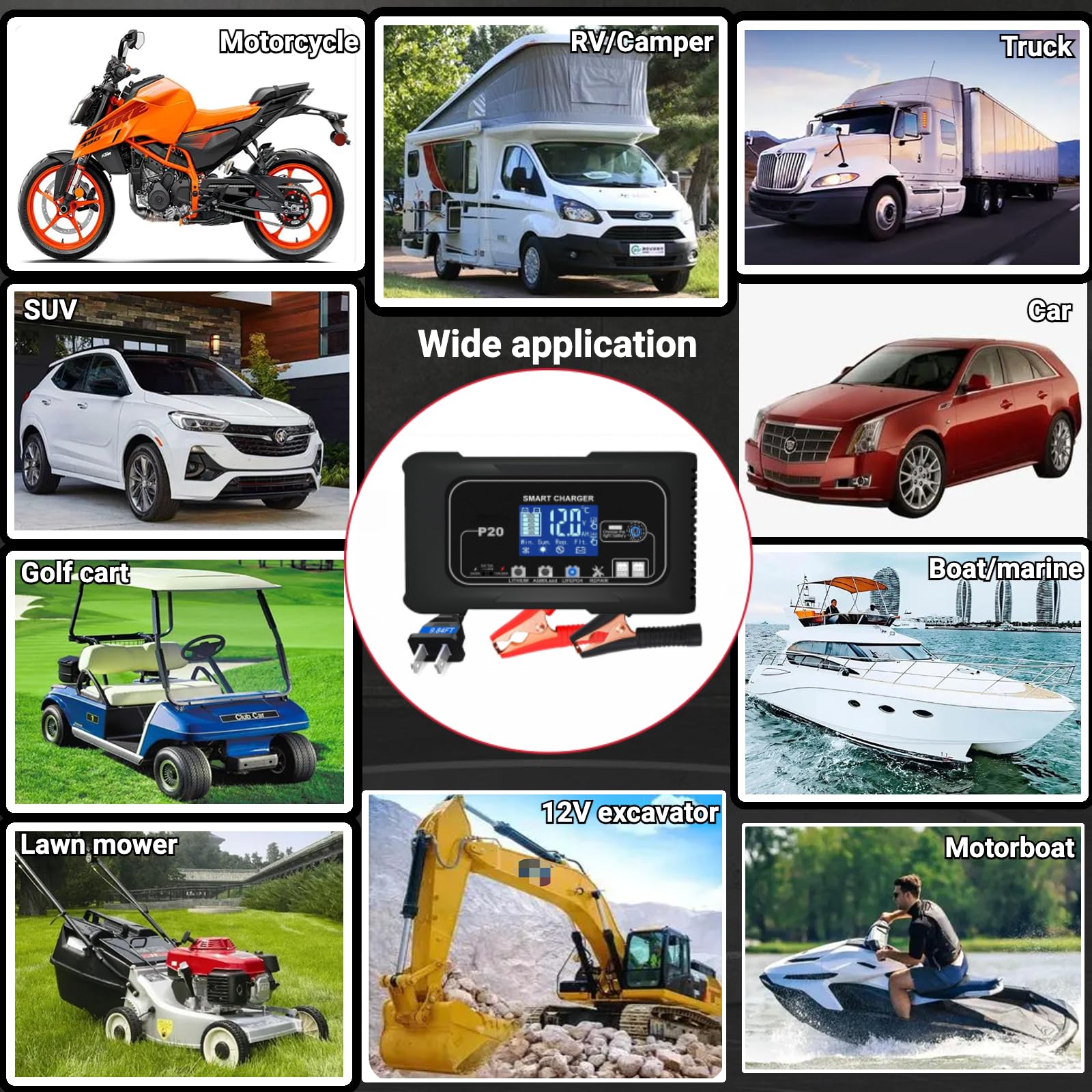 Cargador y mantenedor de batería inteligente de 12V/24V y 20 A con reparación por pulsos Cargador de 4 modos LiFePO4/AGM/Plomo-Ácido para coches,motos,vehículos marinos y cortacéspedes,invierno/verano