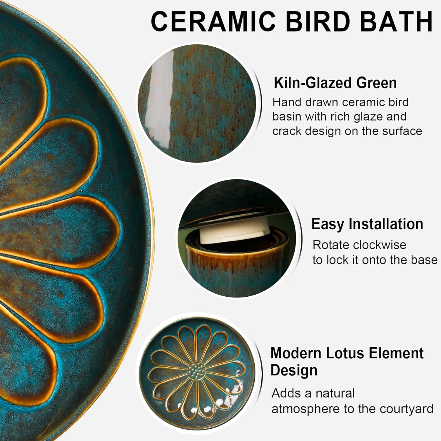 Bird Bath for Outside, 21.5 Inch Height Ceramic Bird Bath, Weather-Resistant Hand Painted Bird Bath Bowl Detachable, Lawn Yard Garden Decor Bird Bath - Kiln Glazed Blue