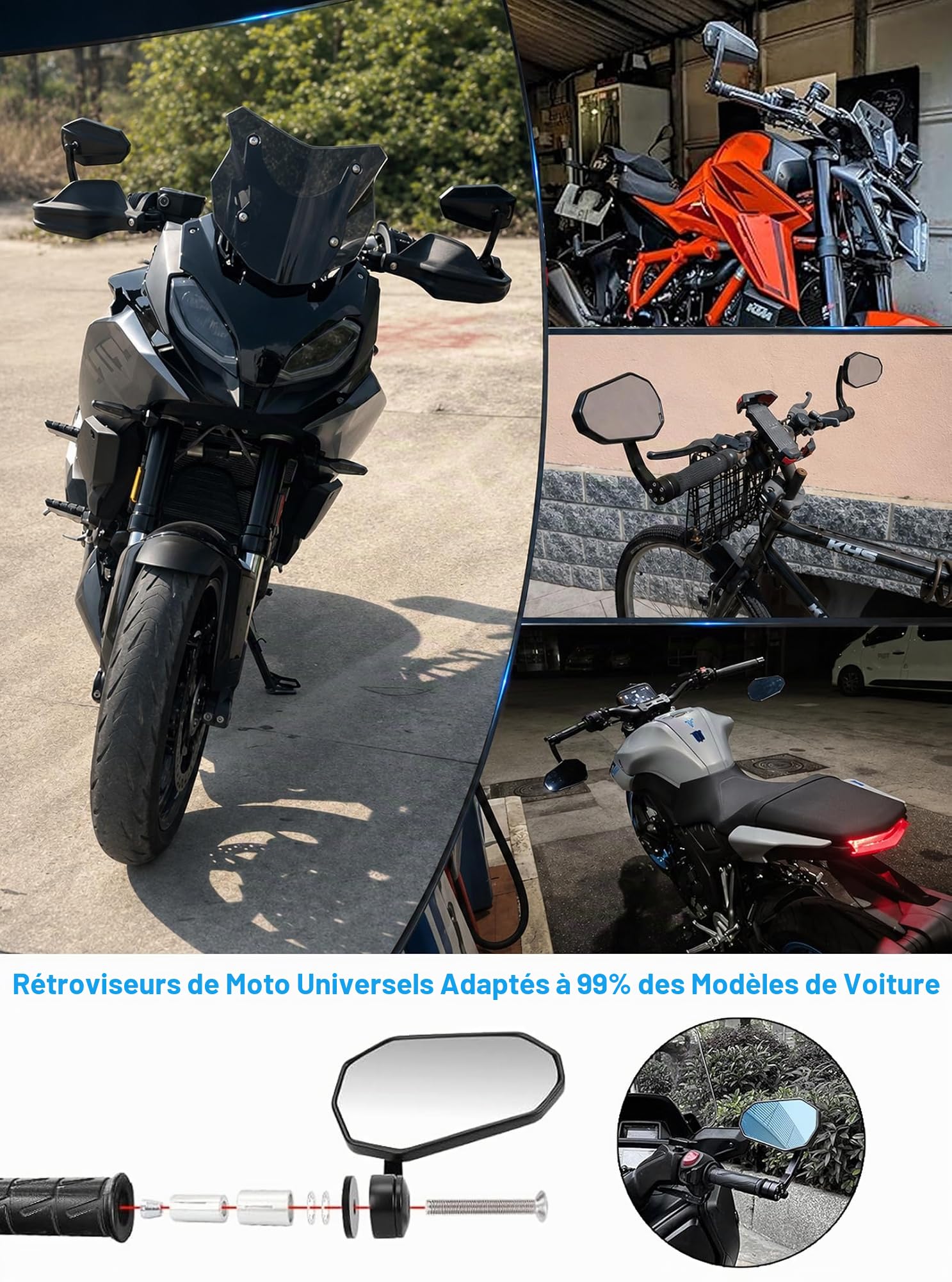 Anti-Glare Bleu Retroviseur Moto Embout de Guidon avec E24 Homologué | Retroviseur Moto Embout Latéraux Moto Universel 7/8“ 22mm Ensemble,Aluminium,pour Scooter Motos Quad ATV Bar End