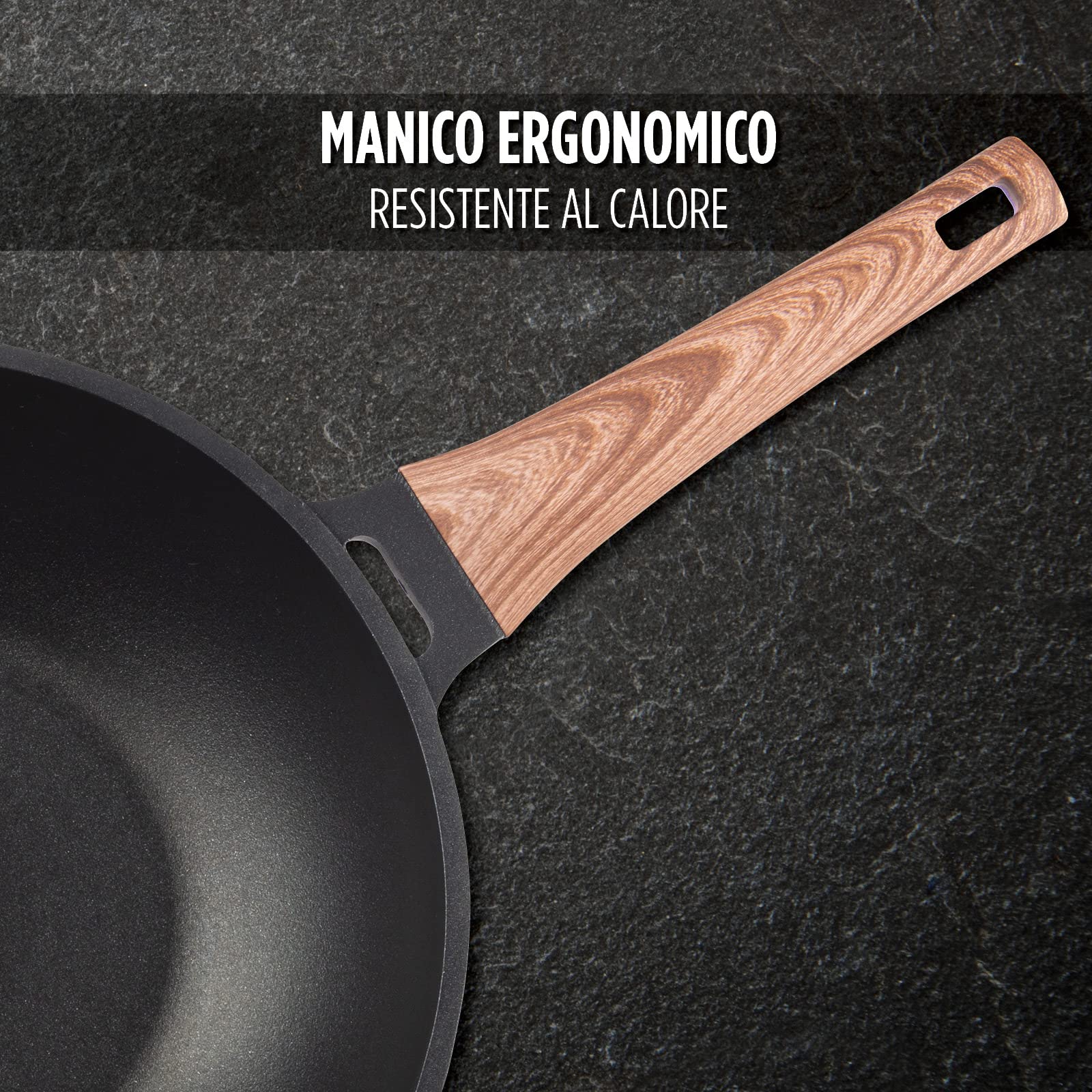 ROSMARINO Wok 30 cm - Wok in Alluminio Pressato Duro con Rivestimento Antiaderente Tedesco, Adatto a Tutti i Piani Cottura Inclusa Induzione, Padella Wok di Alta qualità