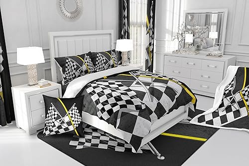 Miniatura 6 de Manfei Juego de sábanas de bandera de coche de carreras, tamaño matrimonial, juego de ropa de cama de bandera a cuadros negros y blancos para niños