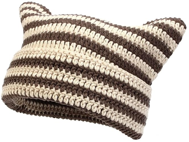 Crochet Hats for Women Cute Cat Ear Knitted Hat Soft Knit Hat Vintage Cuffed Slouchy Beanie for Women - One Size - Khaki Brown