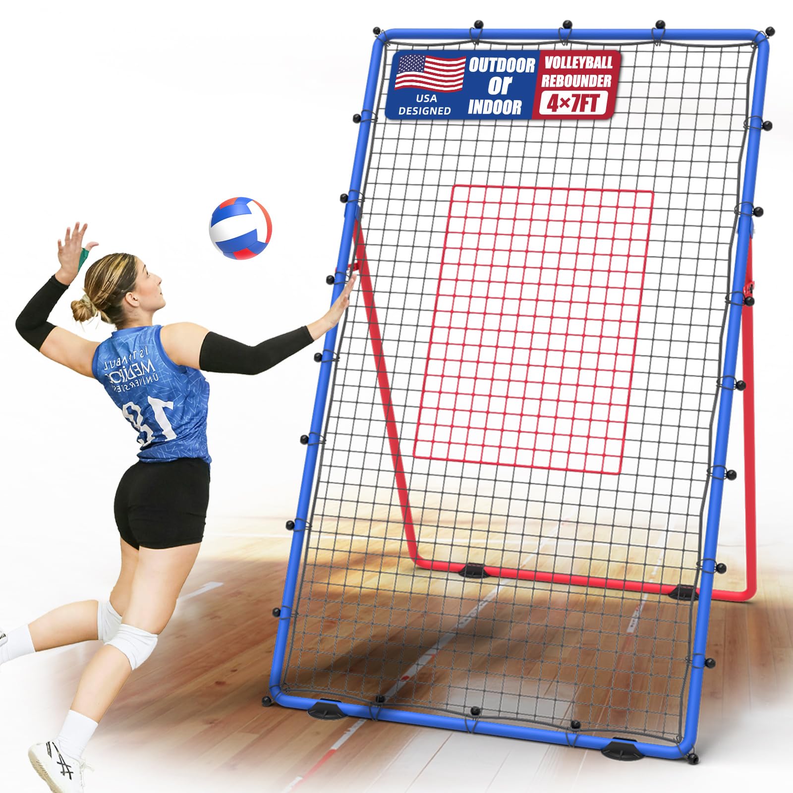 BALLNET Professional Volleyball Rebounder Net,Volleyball Net Size 7×4FT,with 5-Speed Adjustable Angle Volleyball Training Equipment,Anti-Slip Base Design,Improve Volleying,Bumping,Spiking Skills