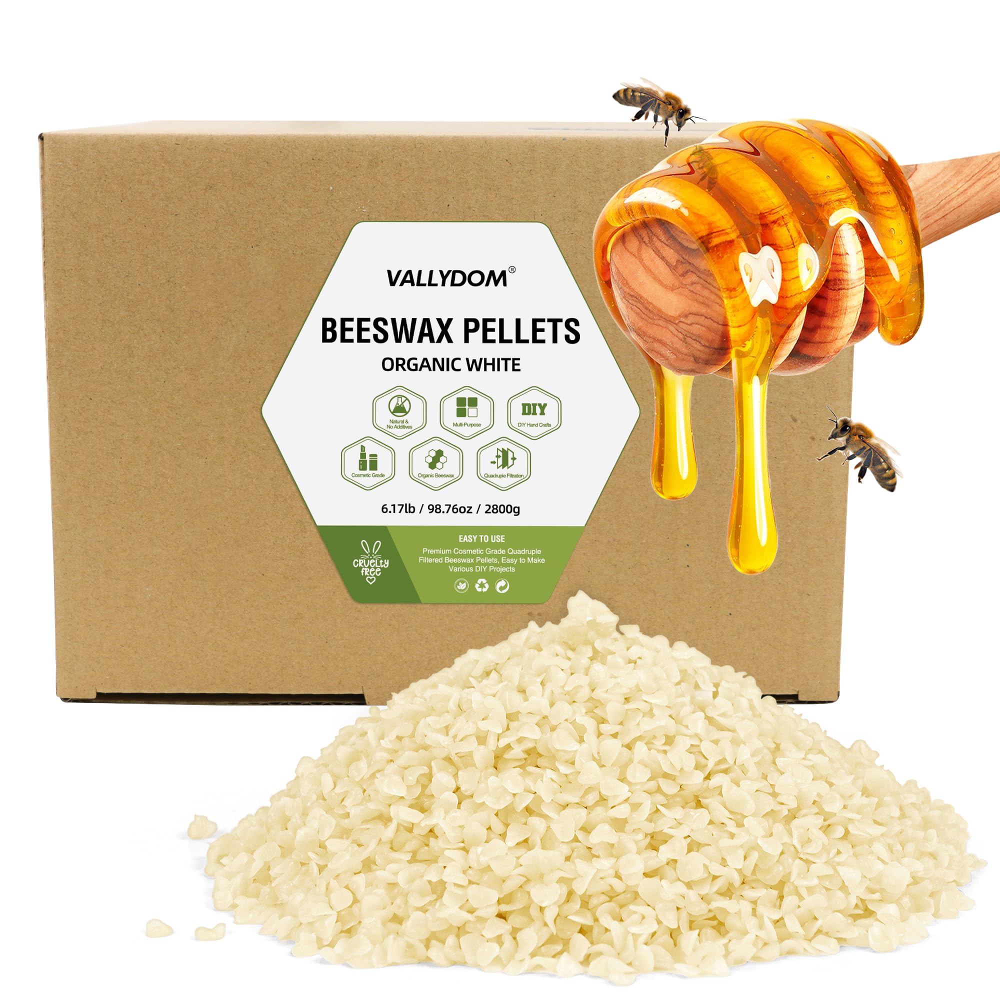 VALLYDOM Beeswax 2.8KG White Beeswax Pellets, Candle Wax, Organic Beeswax