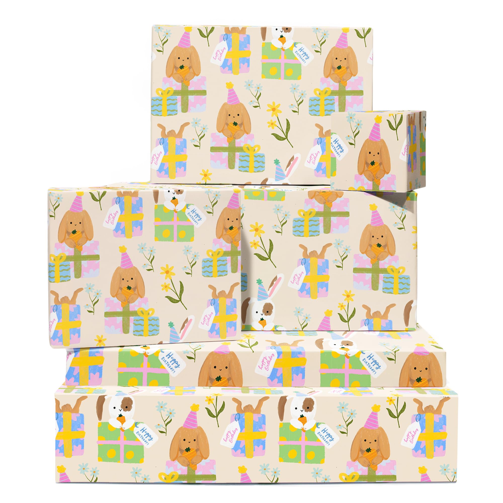 Rabbit Wrapping Paper For Kids - 6 Sheets Of Floral Gift Wrap - Bunny And Presents - Girls Birthday Wrapping Paper - Comes With Stickers - Recyclable - By Central 23