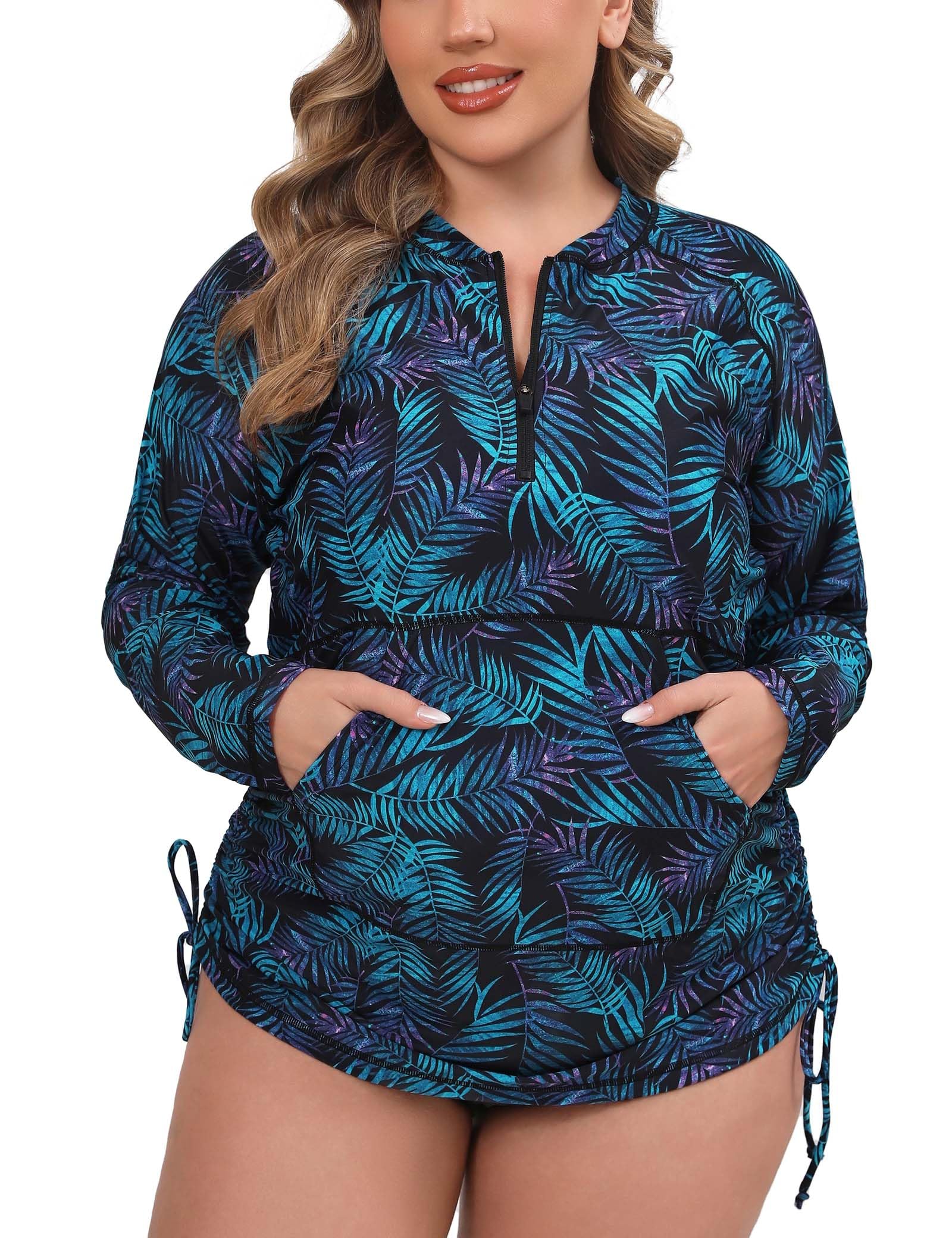 Halcurt Rashguard für Damen, Übergröße, LSF 50+, Reißverschluss, Kordelzug, gerüschte Taschen