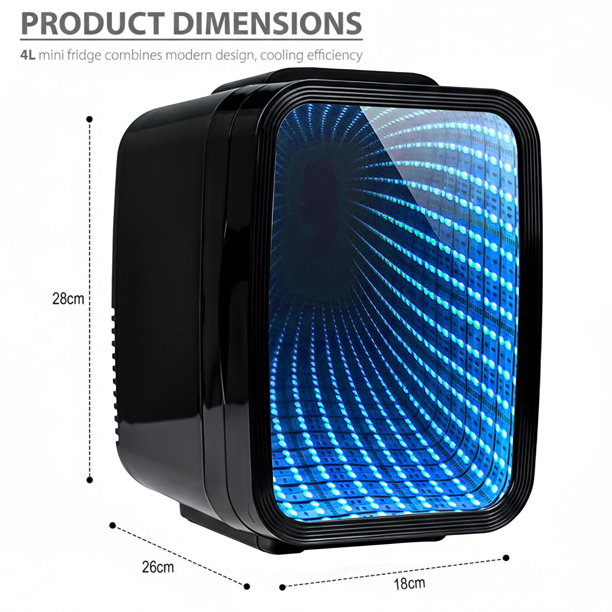 Crystals 4/10/15L Litre Mini Fridge, Table Top Small Fridge Cooler & Warmer for Car Bedrooms Desk Office, 12V DC - 220 AC, Mini Fridge for Bedrooms (RGB Infinity - BLACK, 4L Lights) — view 8