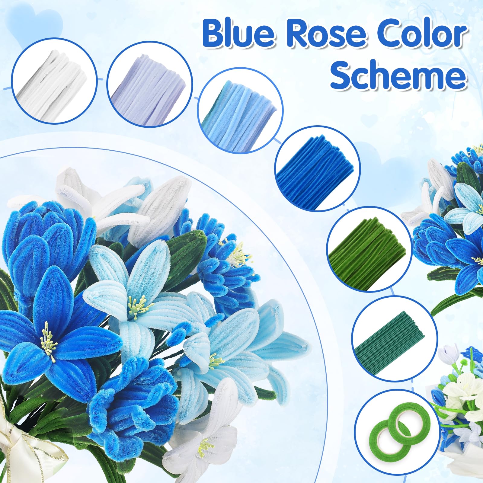 18 Couleur Fil Chenille 1000 Pièces Cure Pipe Chenille Loisir Creatif | Pipe Cleaners Tulipes avec Ruban de Fleuriste et Tige Fleur pour Fournitures de Bouquet de Fleurs et de Décoration DIY