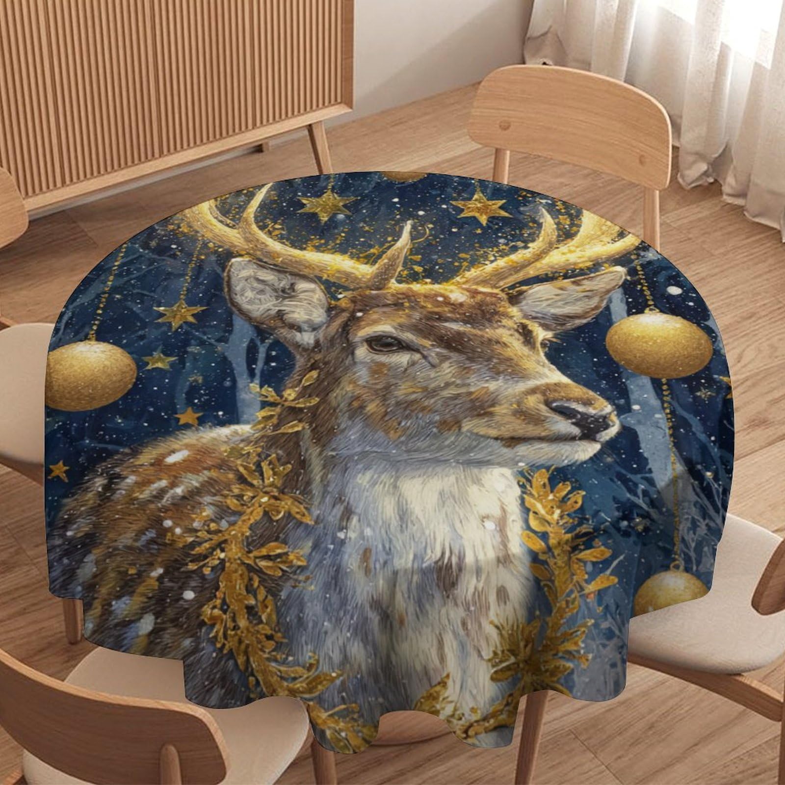 LUYYSKY Classic Aesthetic Animal Elk Waterproof Round Tablecloth Vintage Rustic Merry Christmas Winter Snowy Scenery Wildlife Deer Washable Table Cover for Kitchen-177.8" Wx177.8 L cm