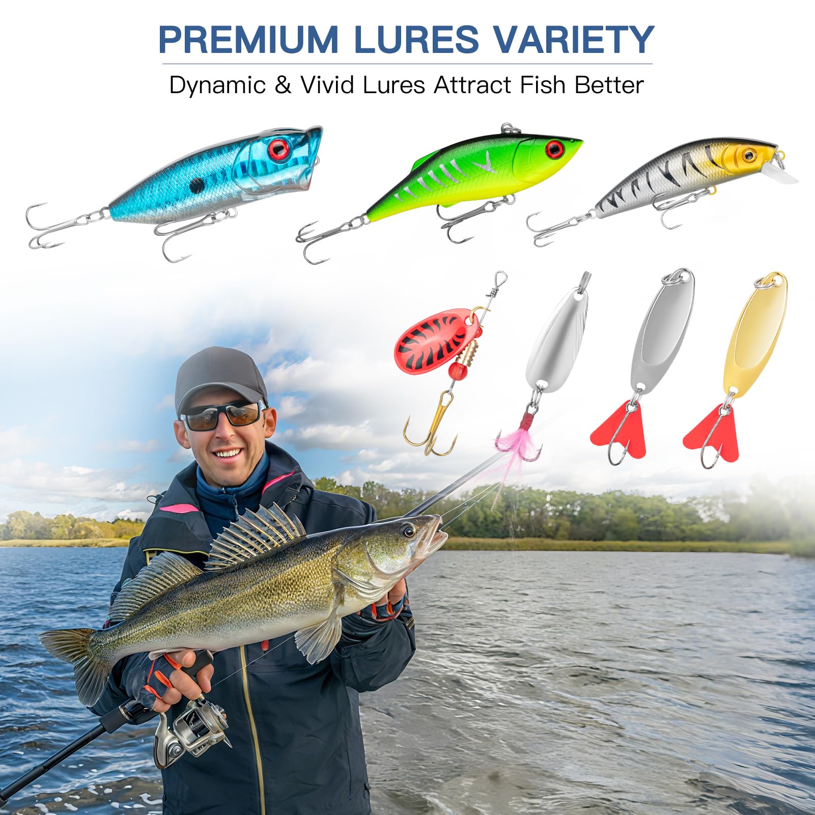 Fishing Lures, Tackle Box with Tackle Included, Crankbaits, Spoon, Hooks, Weights & Other Accessories, Fishing Bait Lure Gear Kit Gifts for Men Bass Freshwater