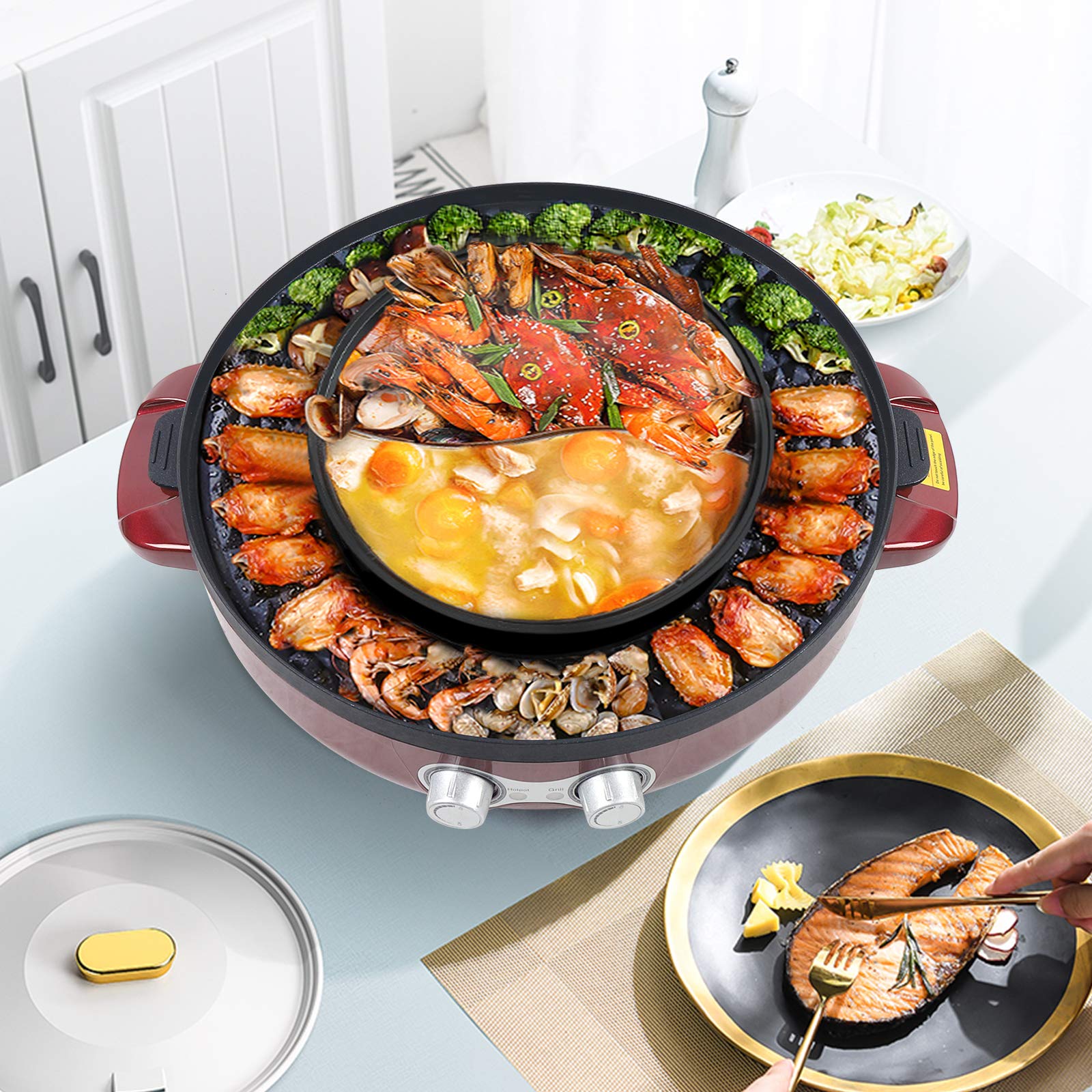 2200W 2 in 1 Smokeless Grill and Hot Pot BBQ Grill Pot 110V Household Electric Grill,Barbecue Plate
