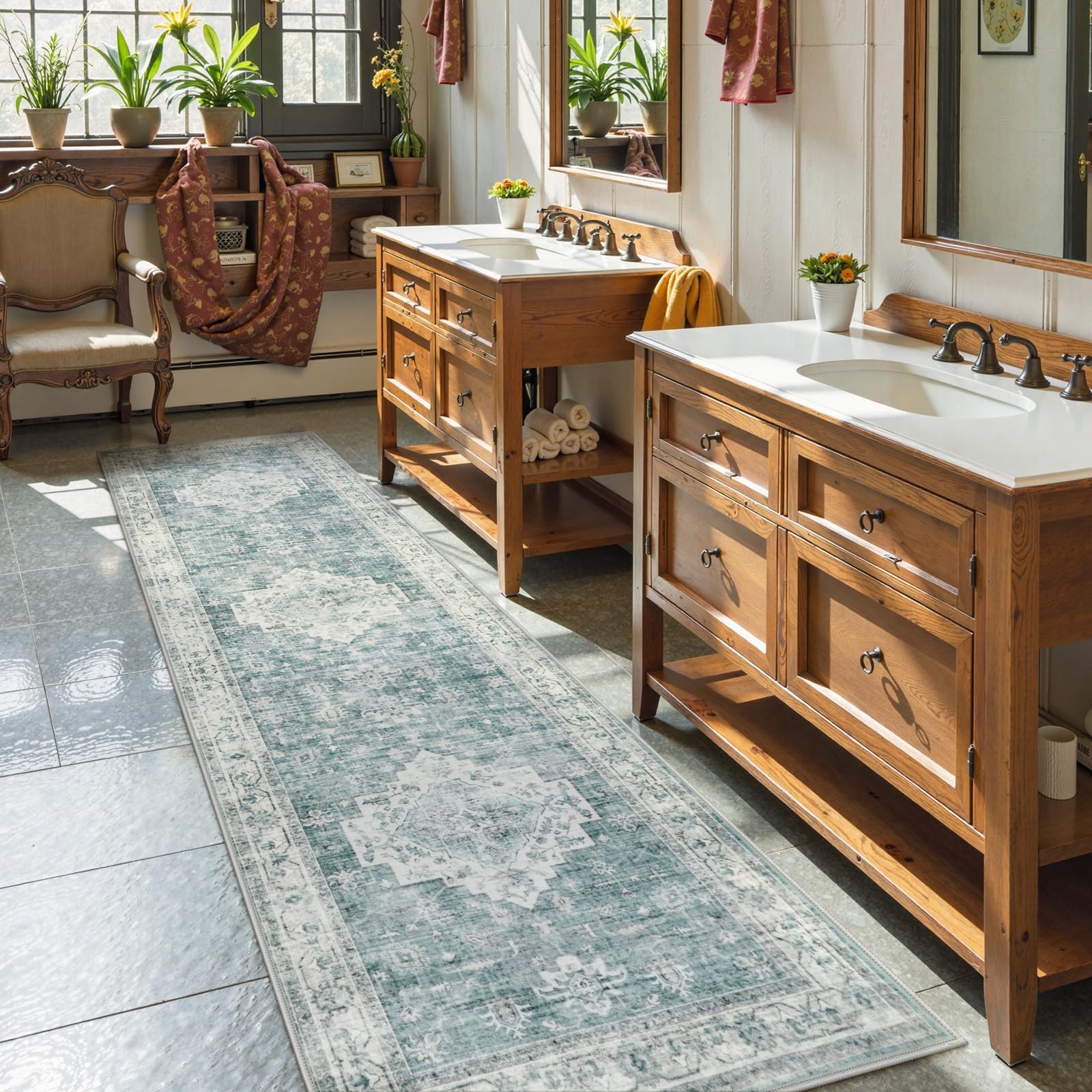 LIVEBOX Washable 2.5x8 Runner Rugs for Entryway Bathroom, Boho Kitchen Floor Mats Long Rug Runners for Hallways Non Slip, Farmhouse Low-Pile Carpet