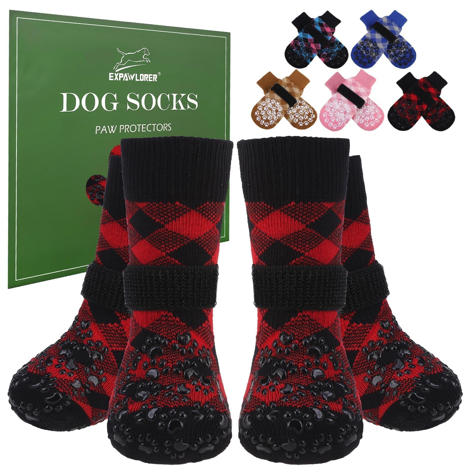 EXPAWLORER Dog Socks for Hot Pavement to Prevent Licking Paws, Anti Slip Doggie Booties Grippy Shoes for Hardwood Floors, Boots & Paw Protectors for Small Medium Large Senior Dogs Red Black L