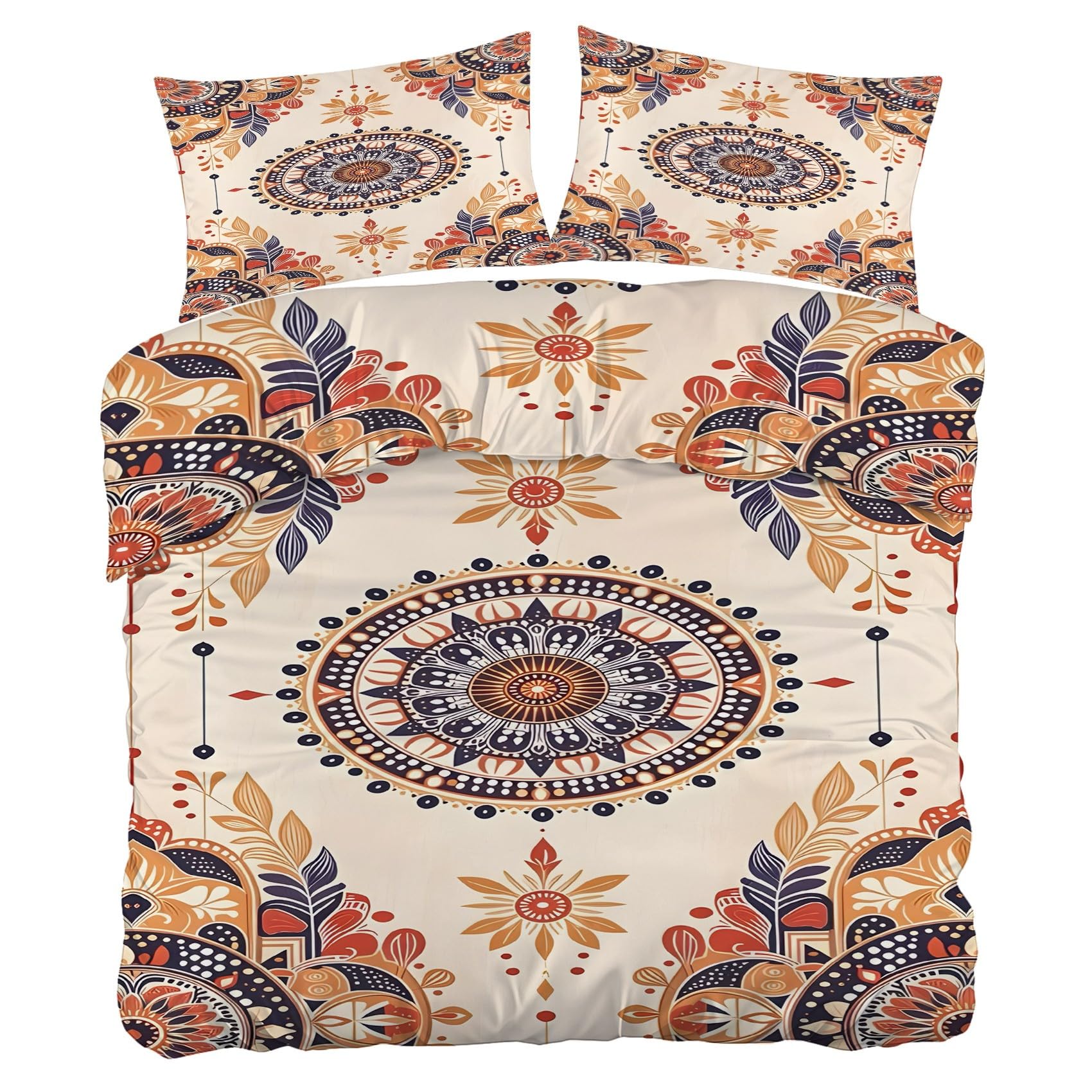 Copripiumino Matrimoniale 240x220 Piante geometriche Mandala etnico Biancheria da Letto Morbido Microfibra Copri Piumone e 2 Federe Abbinate, con Zip PA2975