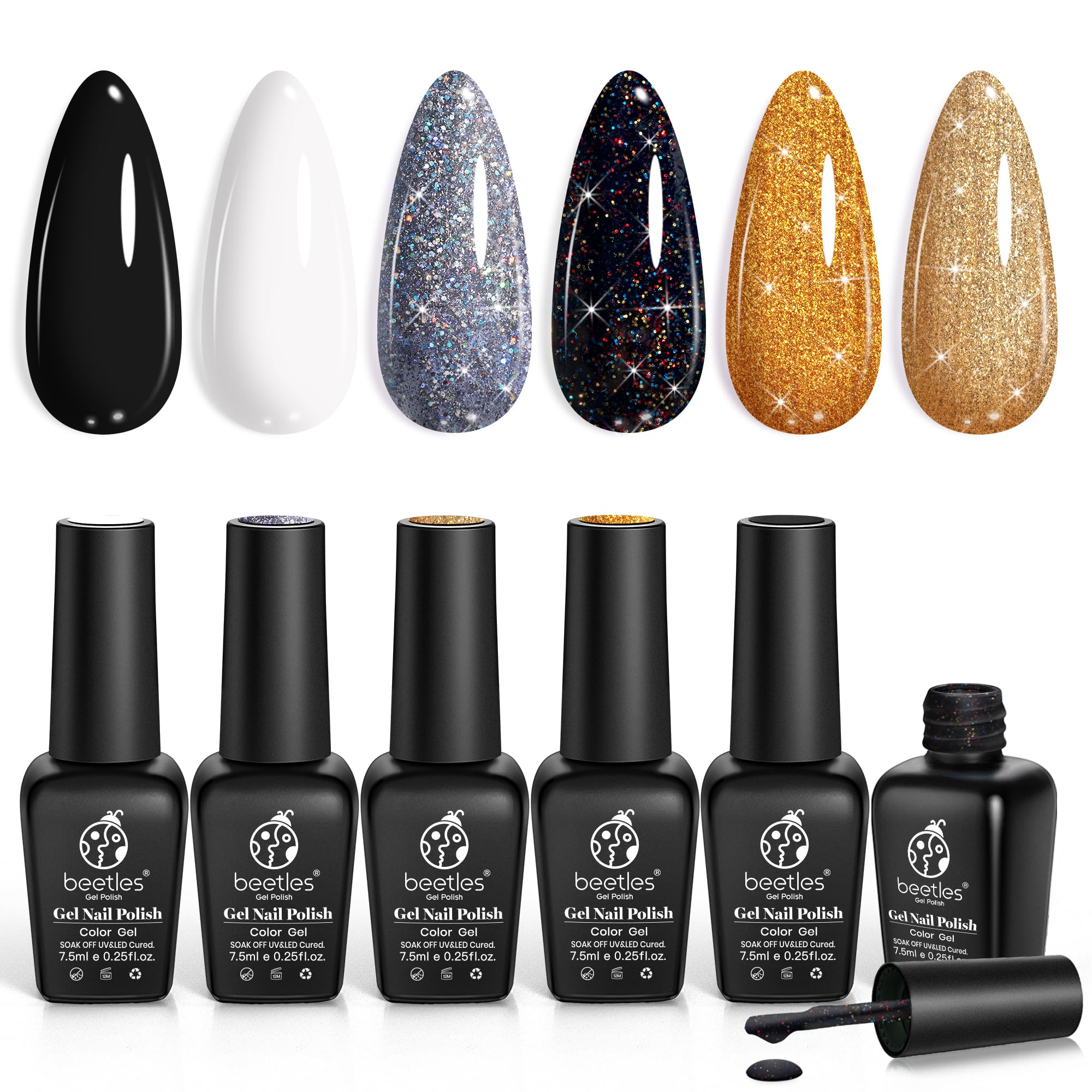 Beetles Shimmer Gel Nail Polish Set, 6 Colors Black White Polish Gel Silver Rose Gold Glitter Fall Nail Polish Soak Off Uv Lamp Nail Art Manicure Salon Gifts for Her Women