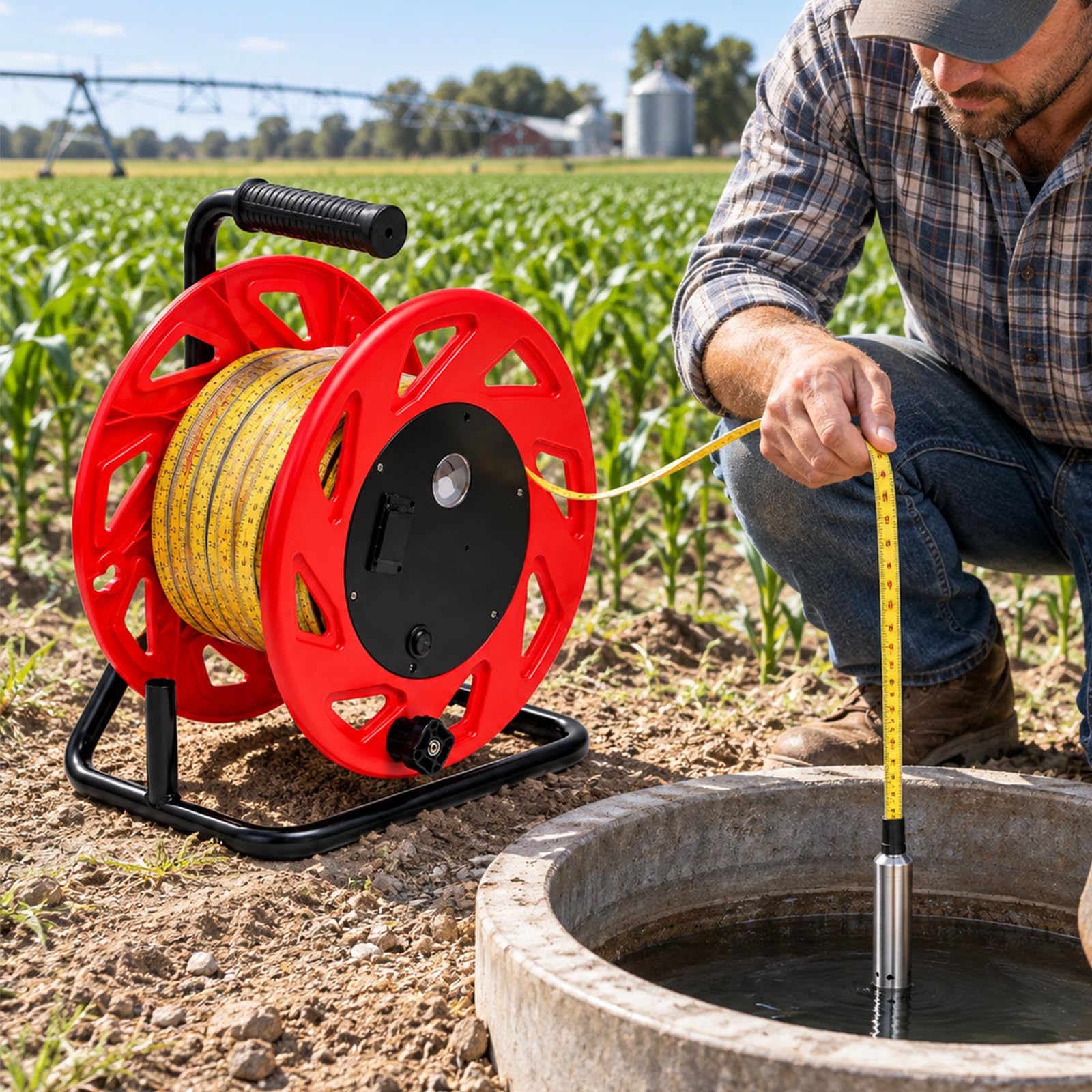 Medidor Aguas Subterráneas Profesional, Nivel Agua Pozo con Cinta Acero PE, Sonda Fija INOX 316, Mango Portátil y Señal LED para Monitoreo Permanente 100m-328ft