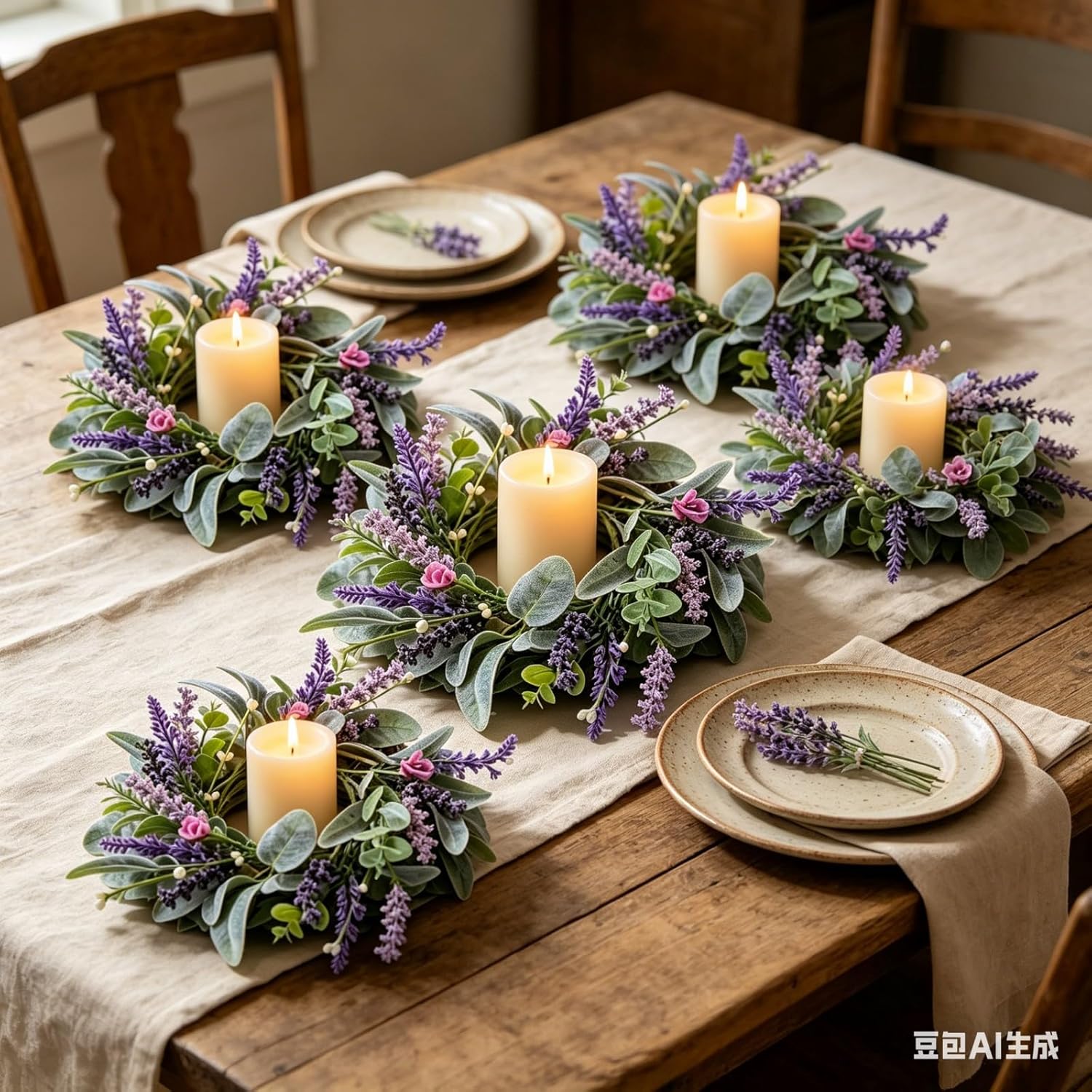 4 Pcs Mini Lavender Candle Rings Wreaths Purple Daisy Pillar Holder Wreath Artificial Wild Flower Spring Summer Floral Wreath for Farmhouse Porch Cabinets Table Decoration