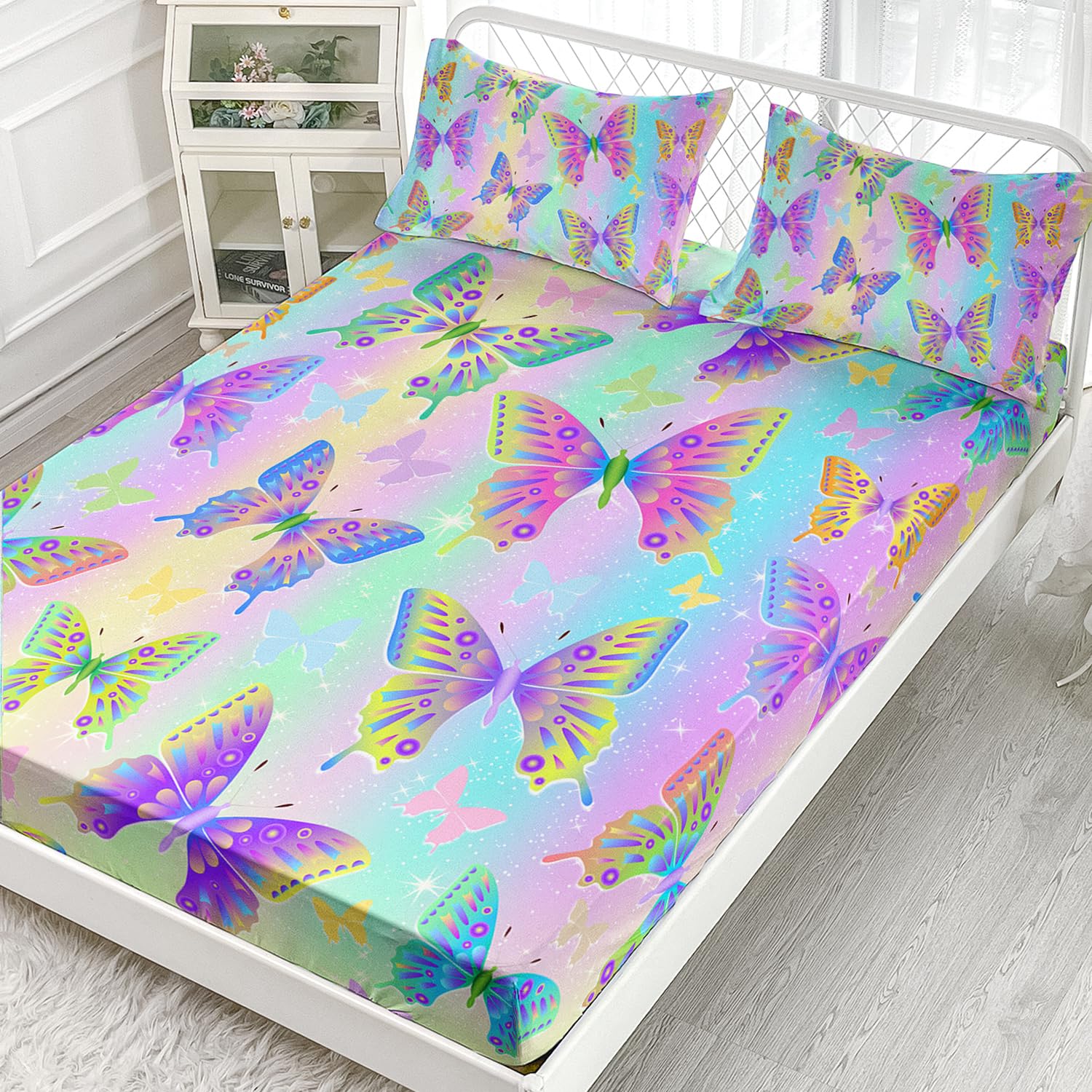 AILONEN Colorful Butterfly Fitted Sheet Set for Girls, Rainbow Butterfly Bed Sheet Set Twin XL Size,Beautiful Butterfly Kids Sheets Set 3 Pieces, 1 Fitted Sheet and 2 Pillowcases