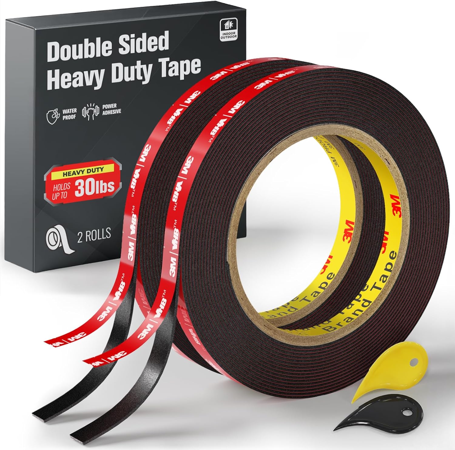 2 Pack Double Sided Heavy Duty Tape, Made of 3M VHB Tape, 16.5 FT × 0.39 IN Mounting Adhesive Foam Tape Waterproof High Temperature Resistant for Automotive LED Strips Home Office Decor Indoor Outdoor