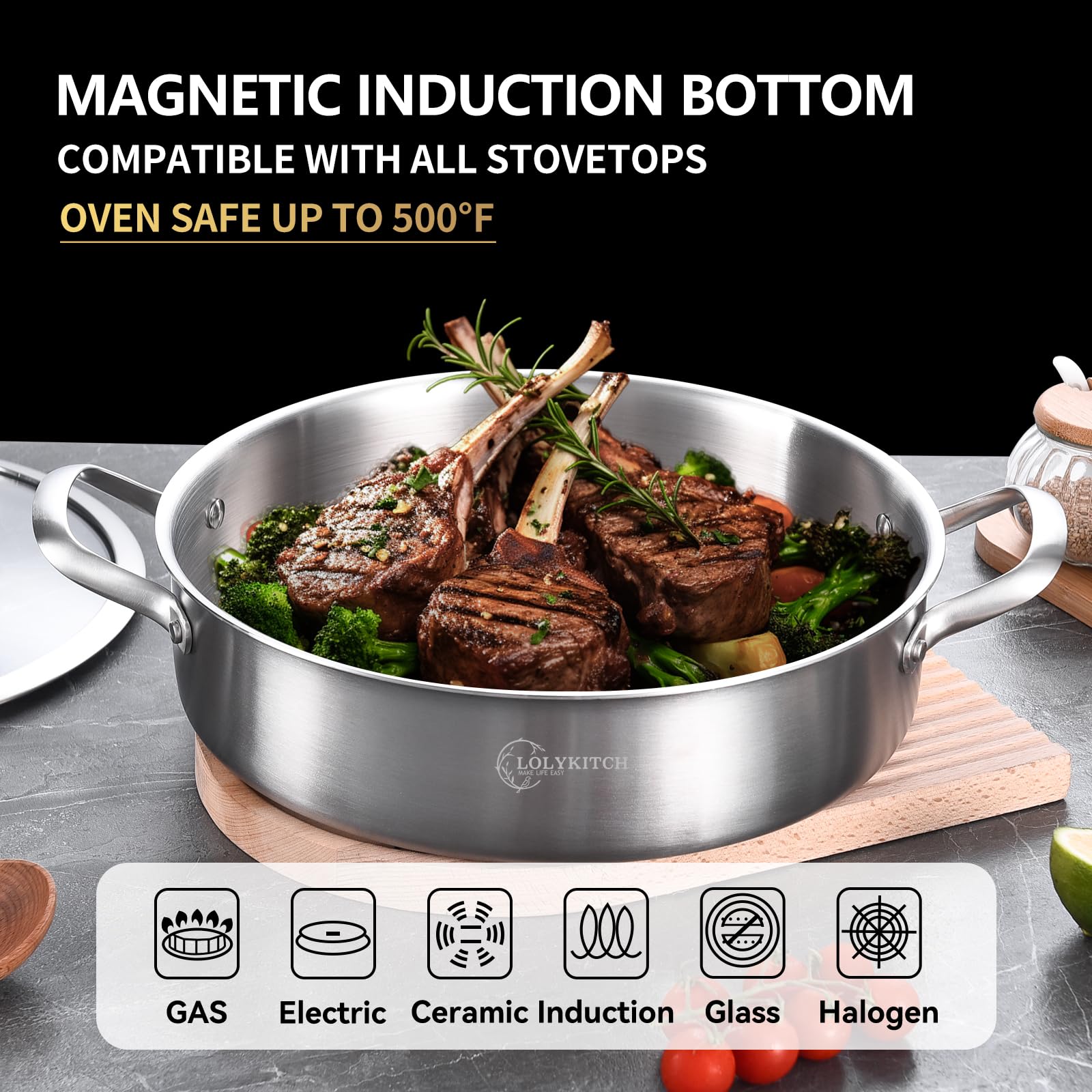 LOLYKITCH 2.5 L Tri-Ply Stainless Steel Sauté Pan with Lid,26 CM Induction Cooking Pot,Even Heating and Oven Safe - Image 3