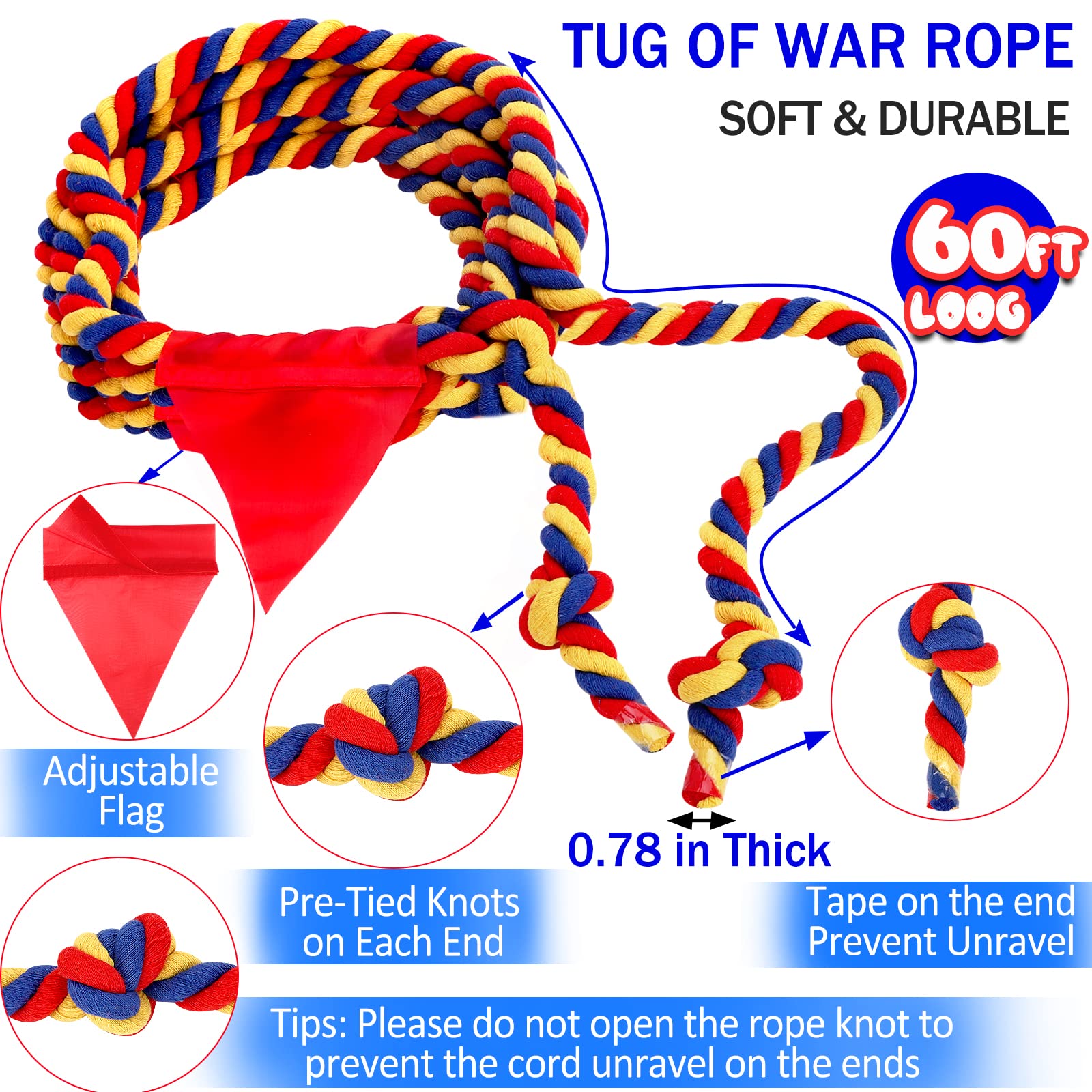 Tug of War Rope - Juegos de patio al aire libre de 60 pies para niños y adultos, día de campo, reunión familiar, fiesta de cumpleaños, juego de carnaval, juegos de patio trasero exterior, diversión